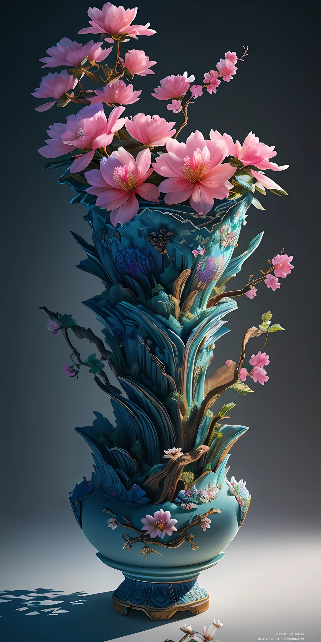 best quality, realistic, photorealistic, ultra detailed, "Mountain of Flower and Fruit+Fairy+Chinese Architecture" highly detailed carving on "southern ice" porcelain,Ultra wide angle,Accent Lighting,Volumetric Lighting,backlighting, (detailed light),((an extremely delicate and beautiful)),dramatic_shadow,ray_tracing,hdr