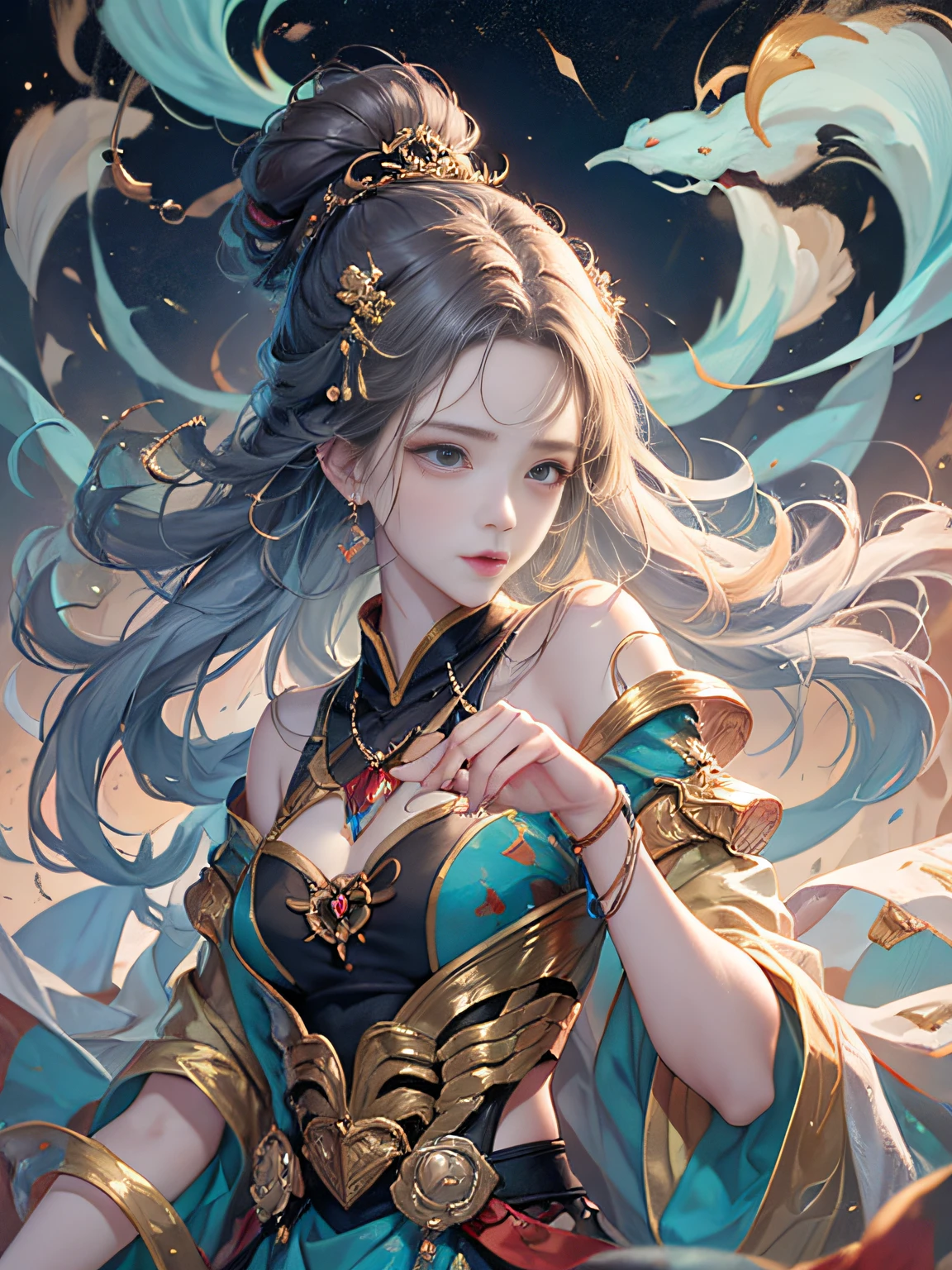 （tmasterpiece，top-quality，optimum，offcial art，Beautiful and aesthetic，Long exposure：1.2），Smooth movement，Charming Patterns， 1 rapariga，（Long skirt with sleeves：1.3），(((white  clothes)))，ChineseGirl，Blushlush，Black color hair， sportrait，Gaze the observer，detailedbackground，Detailed face，(crystallineAI, crystalline theme:1.1)，Swirling wind，Control the wind，dynamicposes，particles floating，Ethereal power，whirly，vaporous，Whirlwind in the background，whirly，Ethereal atmosphere，Fantasyart，photoRealstic，动态照明，art  stations，poster for，Volumetriclighting，Very detailed faces，4k wallpapers，one-girl，long and flowing hair， White clothes，Flowing clothes，gossamer， full bodyesbian，Raised sexy， Clear face，s the perfect face，Feminine face，dynamic viewing angle，cinmatic lighting， tmasterpiece， super detailing， Epic composition， hyper HD， high qulity， extremely detaile， offcial art，super detailing，