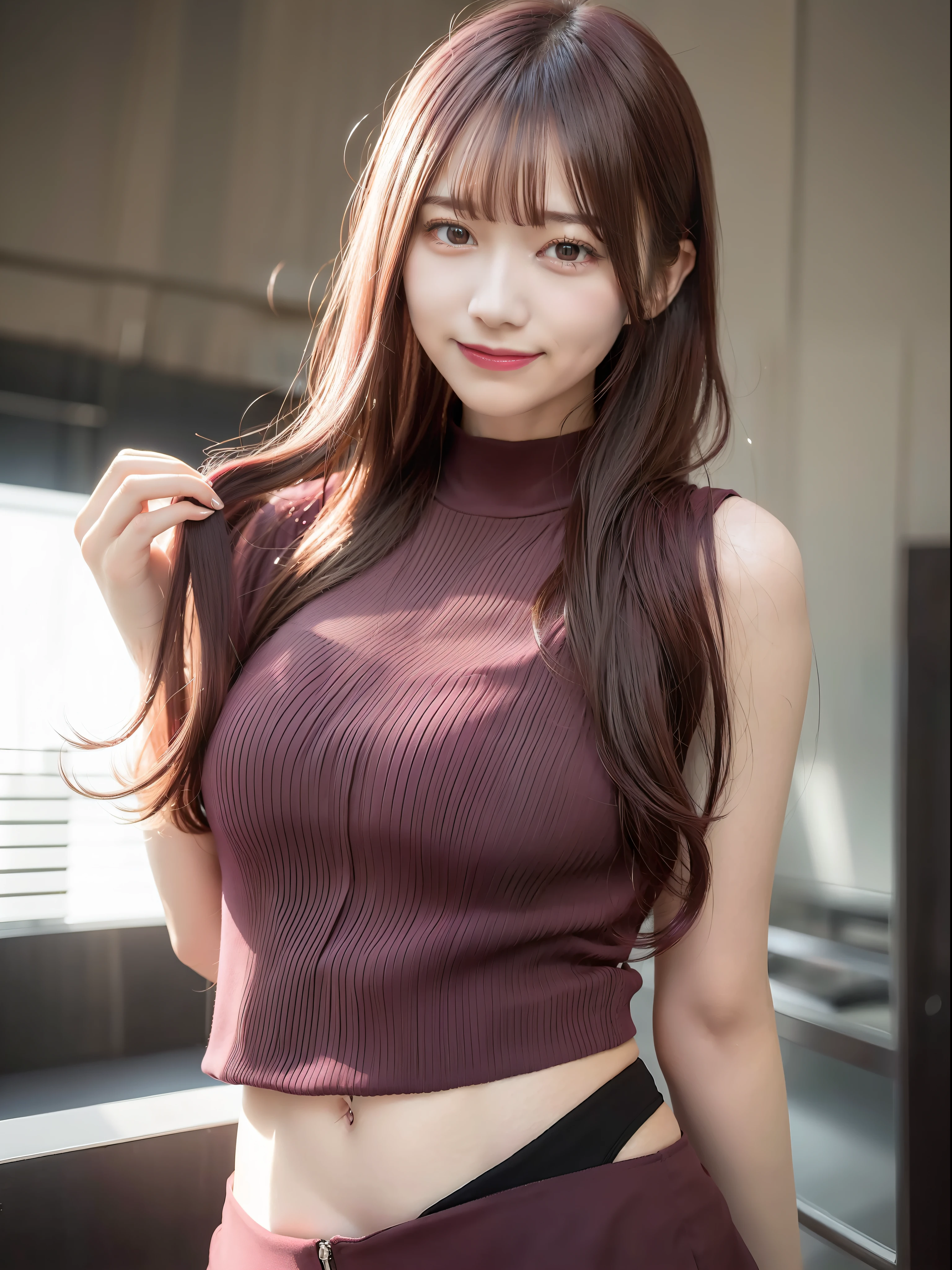 ＴWoman in shirt　slenderbody　a miniskirt　Back lighting　Maroon hair　Longhaire　A smile　40 years　Top image quality　８k　proud