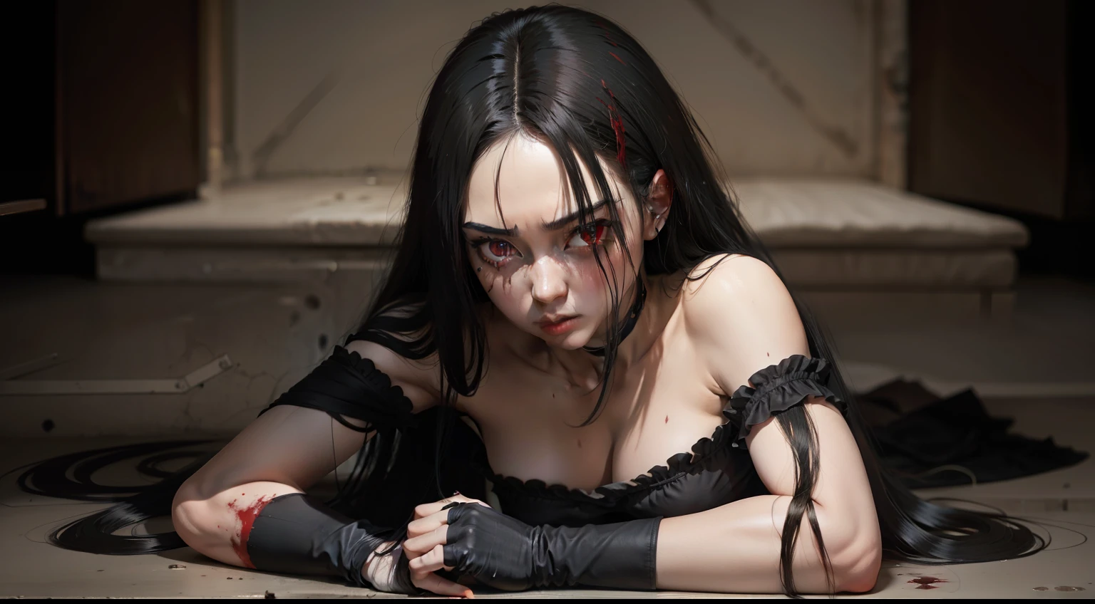 weird, ojos rojos, Pelo largo negro, terror, wending oufit black, blood in eyes, corpse, fullbody, gore, sin brazo