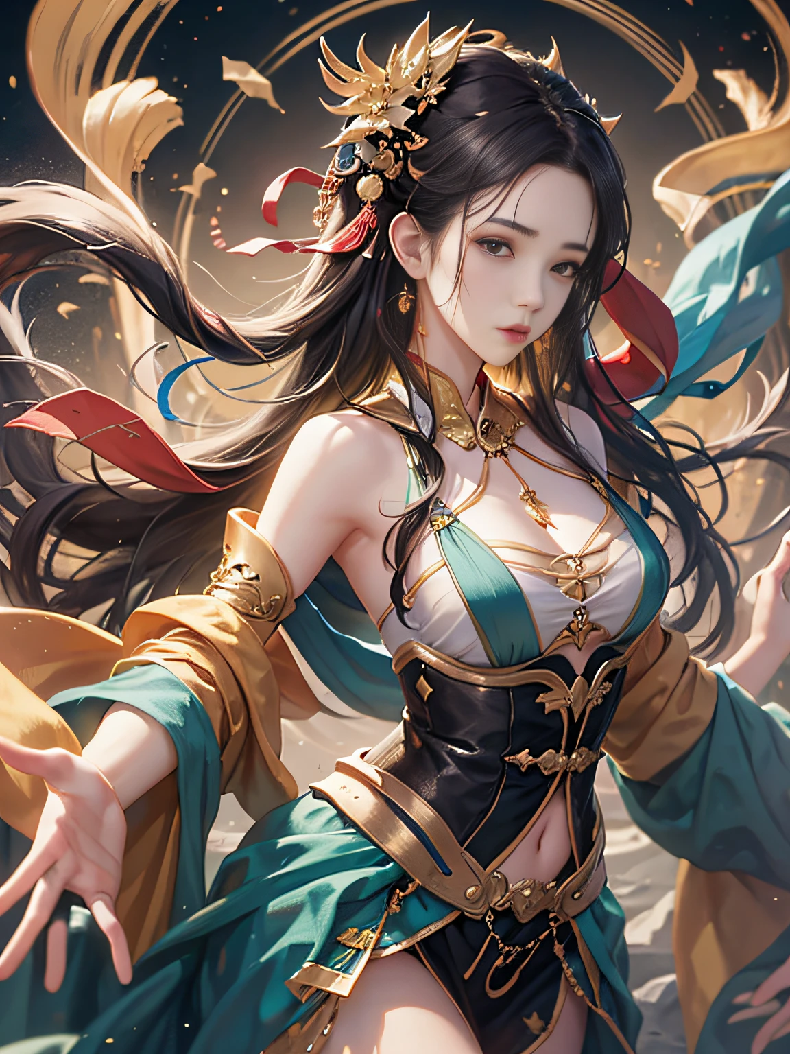 (tmasterpiece,top-quality,optimum,offcial art,Beautiful and aesthetic,Long exposure:1.2),Smooth movement,Charming Patterns, 1 rapariga,(Long skirt with sleeves:1.3),ChineseGirl,Blushlush,Black color hair, sportrait,Gaze the observer,detailedbackground,Detailed face,(crystallineAI, crystalline theme:1.1),Swirling wind,Control the wind,dynamicposes,particles floating,Ethereal power,whirly,vaporous,Whirlwind in the background,whirly,Ethereal atmosphere,Fantasyart,photoRealstic,动态照明,art stations,poster for,Volumetriclighting,Very detailed faces,4k wallpapers,one-girl,long and flowing hair, White clothes,Flowing clothes,gossamer, full bodyesbian, Clear face,s the perfect face,dynamic viewing angle,cinmatic lighting, tmasterpiece, super detailing, Epic composition, hyper HD, high qulity, extremely detaile, offcial art,super detailing,best qualtiy,tmasterpiece,Ultra-fine resolution,(Photorealsitic:1.4),RAW photogr,(Solo exhibition:1.2),(cowboy lens:1.2),Traditional costumes of Dunhuang, China,No shoulder strap,(Black eyes:1.4),Dynamic Angle,Messy long hair,ink,电影灯光,velvet,nipple tassels,Ribbons,color embroidery,facing at camera,dynamicposes,an orchid flower,{Clothing covers the chest},