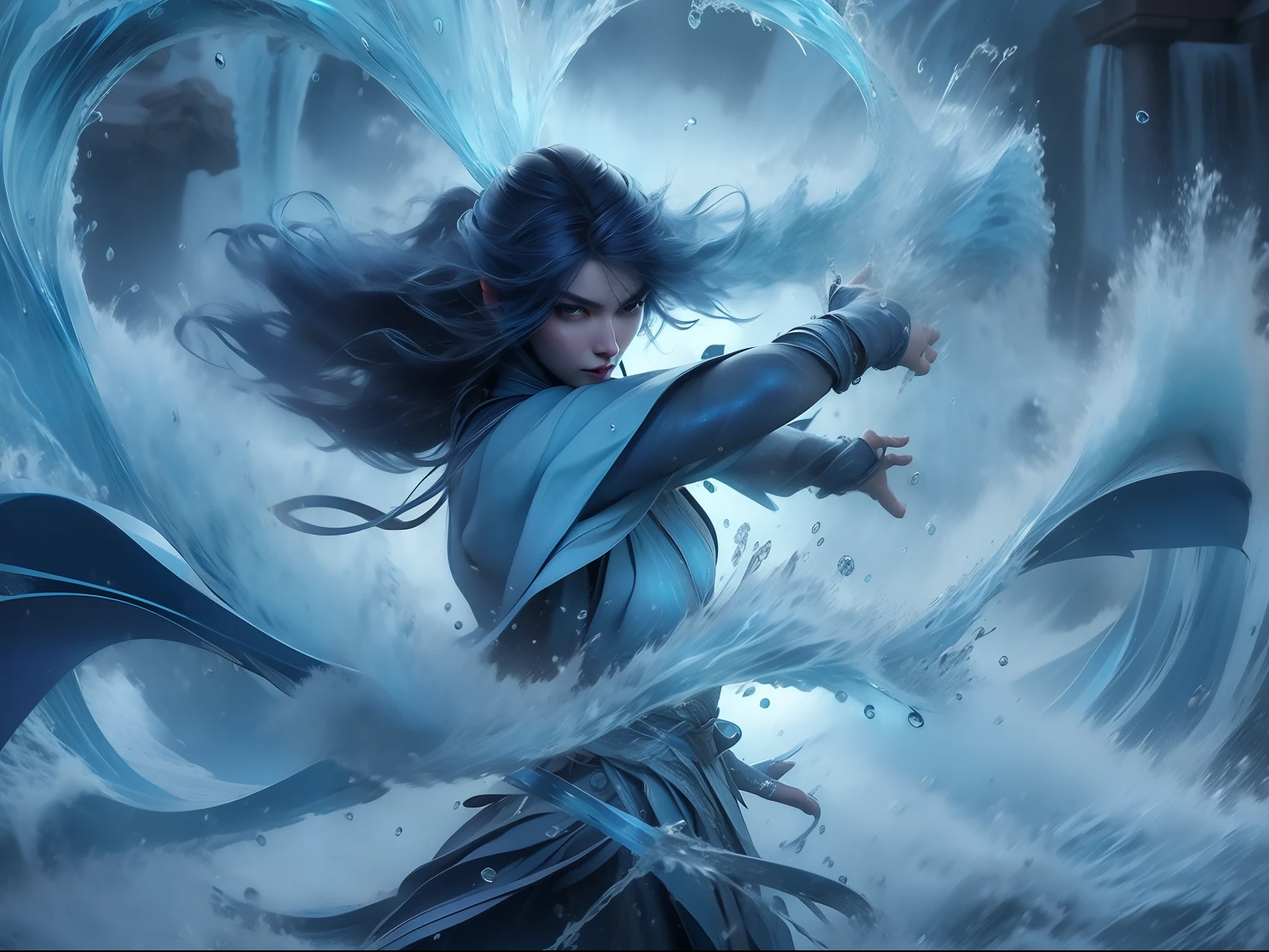 The goddess of water, in dynamic attitude, unleash the power of water, with whips of water surrounding and whirling out of her perfect body. The has wet long dark purple messy hair and a silver armour over a blue tunic. Dynamic pose, energic, she shouts with determination. Highly detailed. Photography.