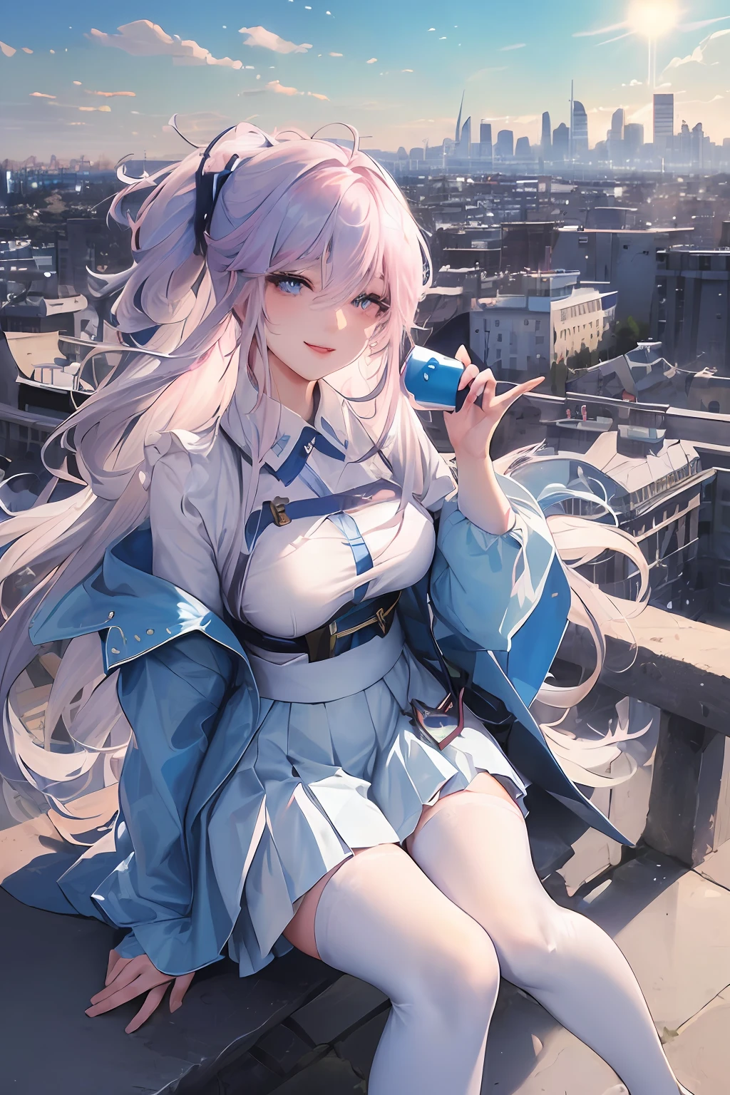 official art, masterpiece, sharp focus, (beautiful gorgeous cute Korean woman:1.3), (beautiful cute korean:1.3), korean beauty, Delicate and beautiful hair and eyes and face, realistic, ultra detailed, beautiful girl, blue sky, glow white particle, (sidelighting:1.2), sun light, white cloud, detailed clouds, slender, Lovely very large breasts and very large hips, smile with teeth, ((smile with eyes, open both eyes)), scenery, long straight hair, sexy facial expression, building, (cityscape:1.7), dynamic hair, long straight hair, detailed platinum pink hair, glow blue eyes, (blue pleated shirts + white skirt), white long socks, pale skin, hair ornament, epic scenery,