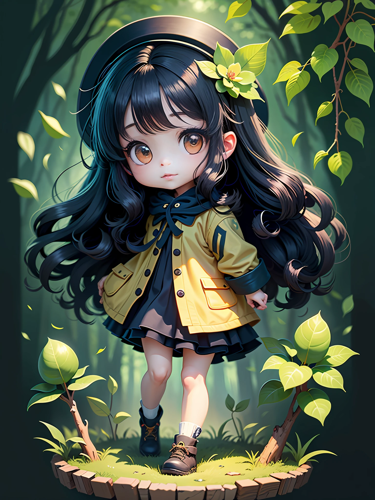 A cartoon little girl with long black hair,  Anime visuals of cute little girls, Cute anime girl, Cute anime, lovely art style, offcial art, Anime Lori, animemanga girl, cutecore, Cute anime style, Official artwork, Loli, Lovely forest setting，Photorealistic effects，Cinematic effects，8K high-definition