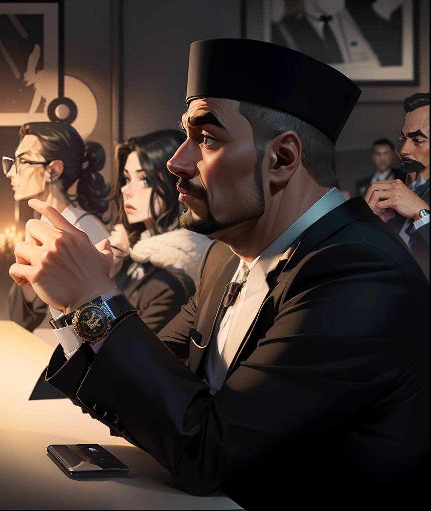 A man, cartoon, formal black suite, meeting room background, confident, focus
