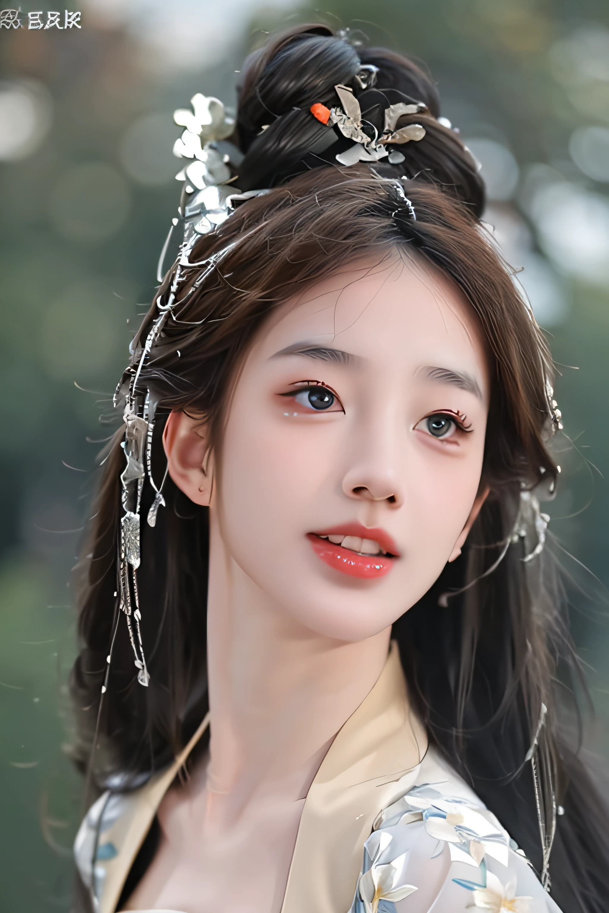 (8k, RAW image, best quality, masterpiece:1.2)1girl, black hair, blurred background, blurred foreground, depth of field, lips, looking at viewer, motion blur, outdoor, realistic, ((lotus dress)), half-wading, ((smiling)), blooming lotus,long sleeve, body, masterpiece,ultra realistic,32k,extremely detailed CG unity 8k wallpaper, best quality, CNOpera crown, double eyelids.
