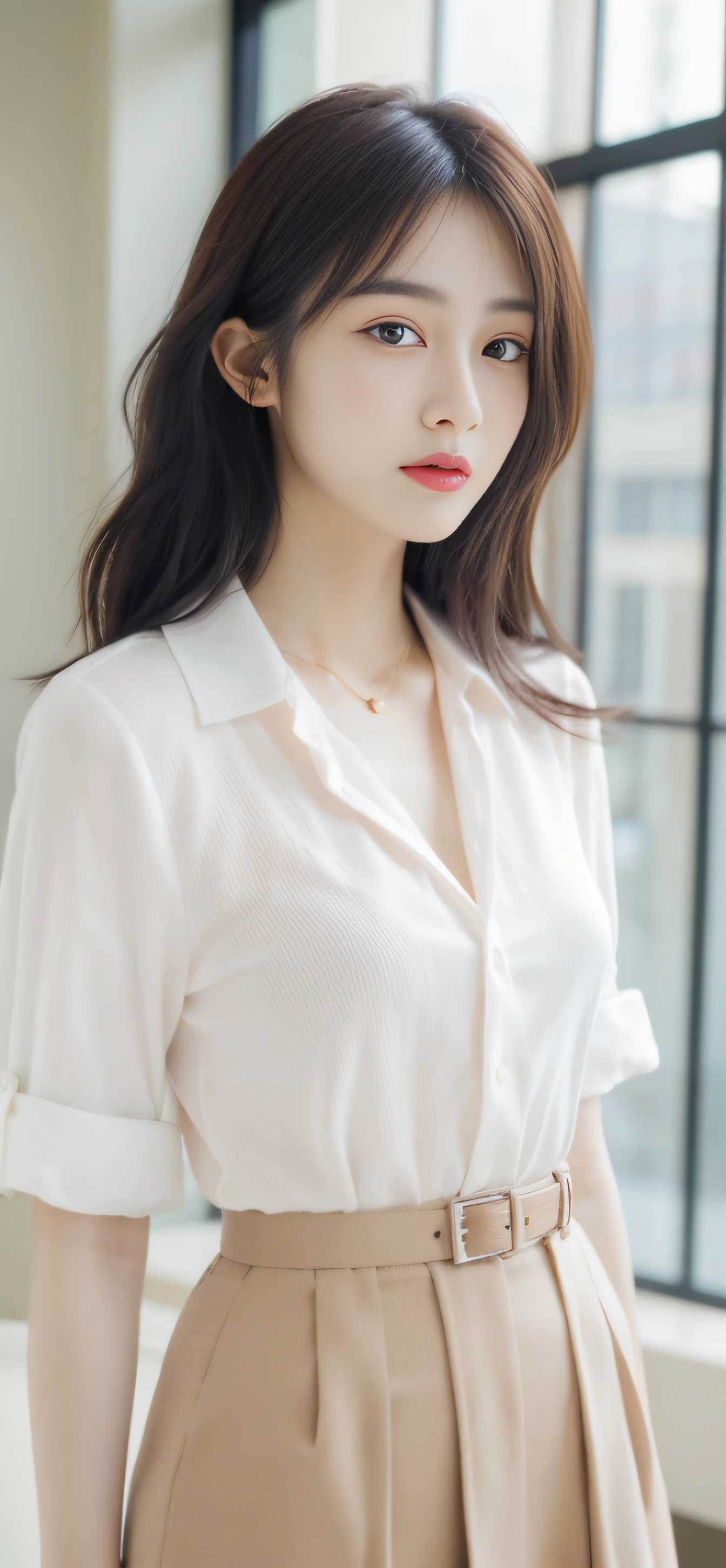 (Best quality, high resolution, masterpiece: 1.3), a tall and beautiful woman, big eyes, small mouth, kisses, hugs, slender abs, dark brown hair in loose wavy styling, breasts, delicate pendant, white buttoned shirt, no belt, floral skirt, (modern architecture in the background), beautifully presented details in the face and skin texture, detailed eyes, double eyelids, cute