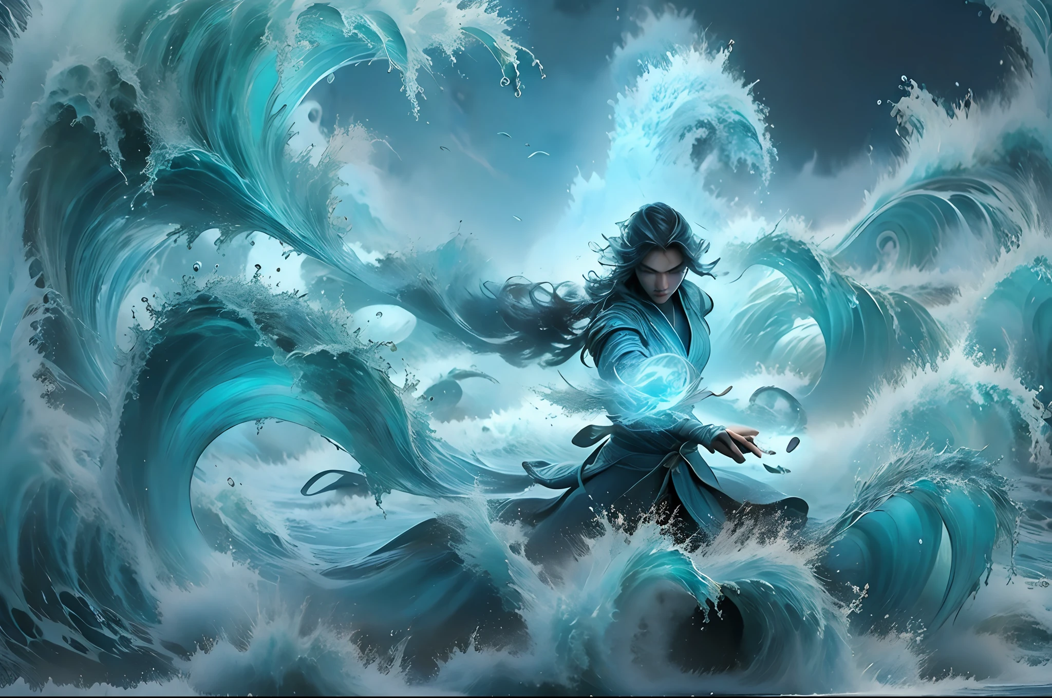 "Poseidon gracefully controlling the cascading waves with his powerful trident, showcasing his godly strength and dominance over the mighty ocean."