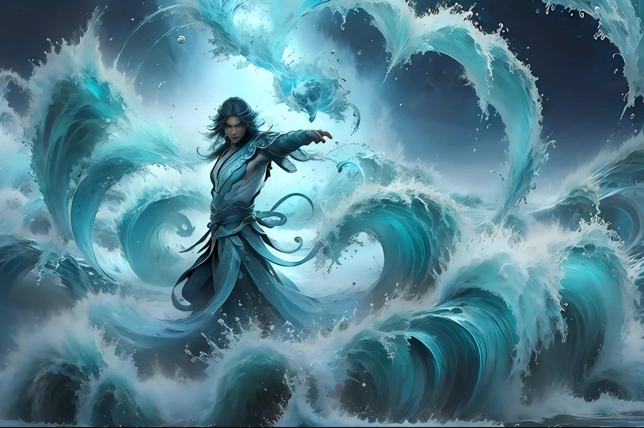 "Poseidon gracefully controlling the cascading waves with his powerful trident, showcasing his godly strength and dominance over the mighty ocean."