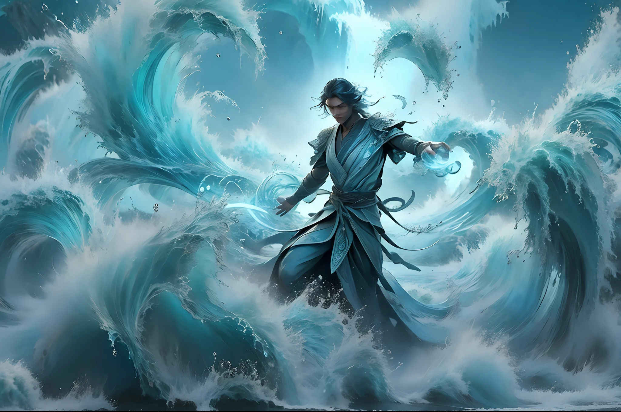 "Poseidon gracefully controlling the cascading waves with his powerful trident, showcasing his godly strength and dominance over the mighty ocean."