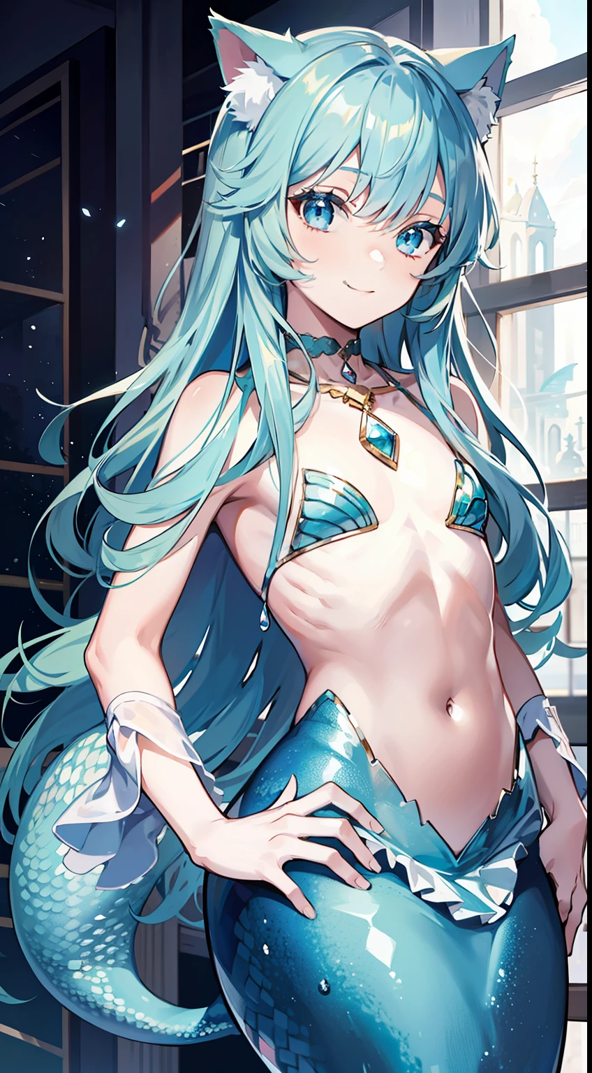 young boy, Long aquamarine hair, cat ears, blue eyes, ssmile, open body, mermaid, Masterpiece, hiquality
