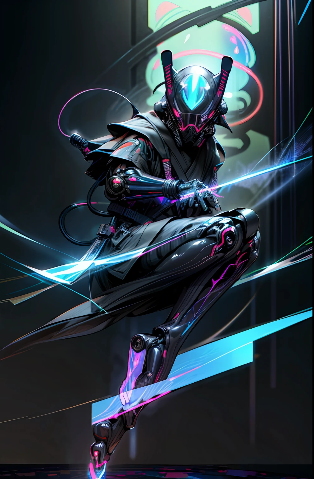 helmets、gas masks、(neon wiring:1.2)、(Hologram Feet:1.6)、(Samurai costume:1.3)、Poses、Irridescent color、cyberpunked、1man、Mechanical Marvel、droid