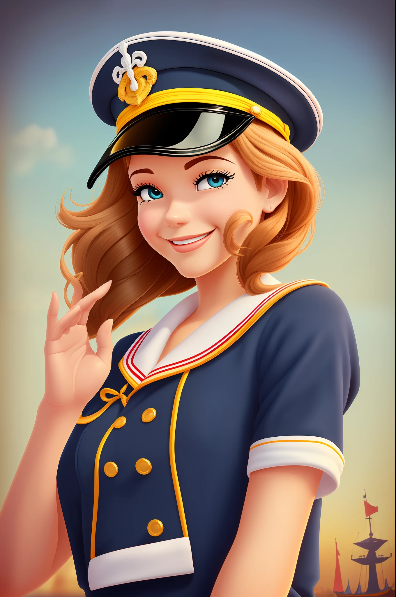 Funny cheerful wife of a sailor in a sundress and a marine cap. Miss Navy. He waves his hand in greeting. Close-up. Super photorealistic. Cartoon style Disney Pixar. Cinematic. Blurred background of seaport and navy ship. --auto --s2