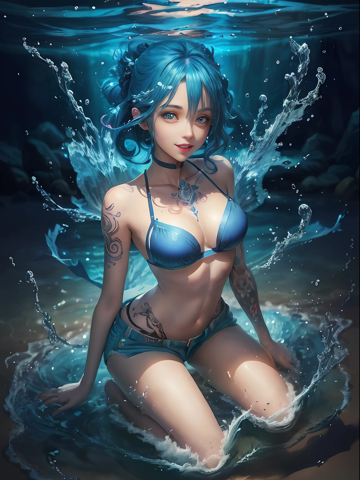 Blue color hair。Short pants。耳Nipple Ring。Sunset beach。the beach。huge smile。water element。water magic。Water weapons。Beauty manipulating water。Free water。Floating water(Award-winning digital works:1.3)(Sketched:1.3)、(Energetic:1.3)、cgsociety、art stations、(chroma:1.3)、(close portrait:1.3)、(femele:1.4)、(Beautiful fece:1.4)、(carismatic:1.3)、Elaborate Eyes、Studio Lighting、Theme Background。Luminous Eyes。blue hairs。Poses in motion。Open mouth。Kneeling。The tattoo。full body Esbian。