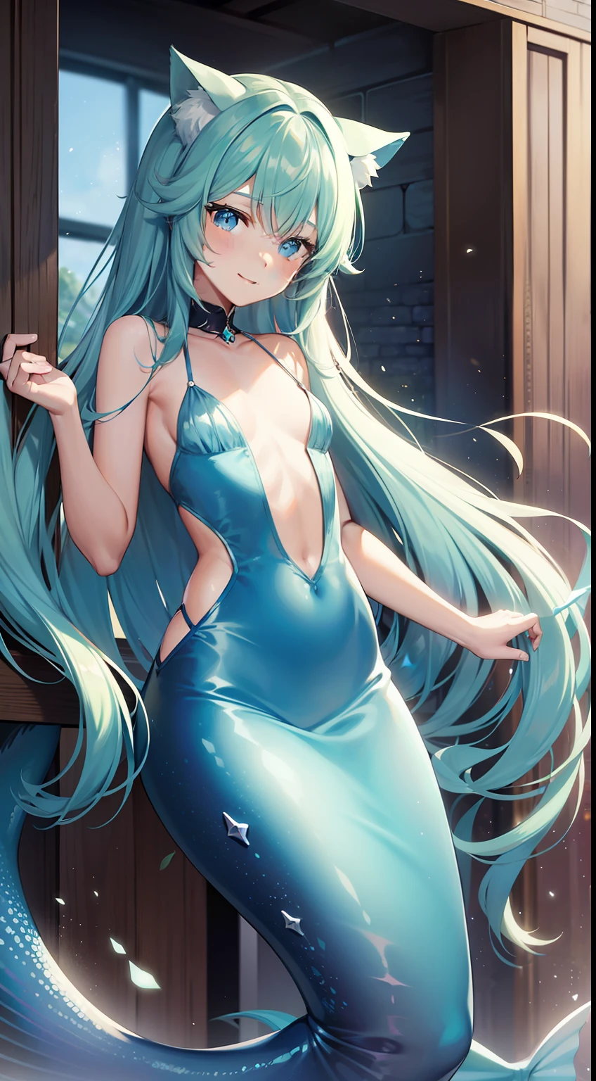 young boy, Long aquamarine hair, cat ears, blue eyes, ssmile, open body, mermaid, Masterpiece, hiquality