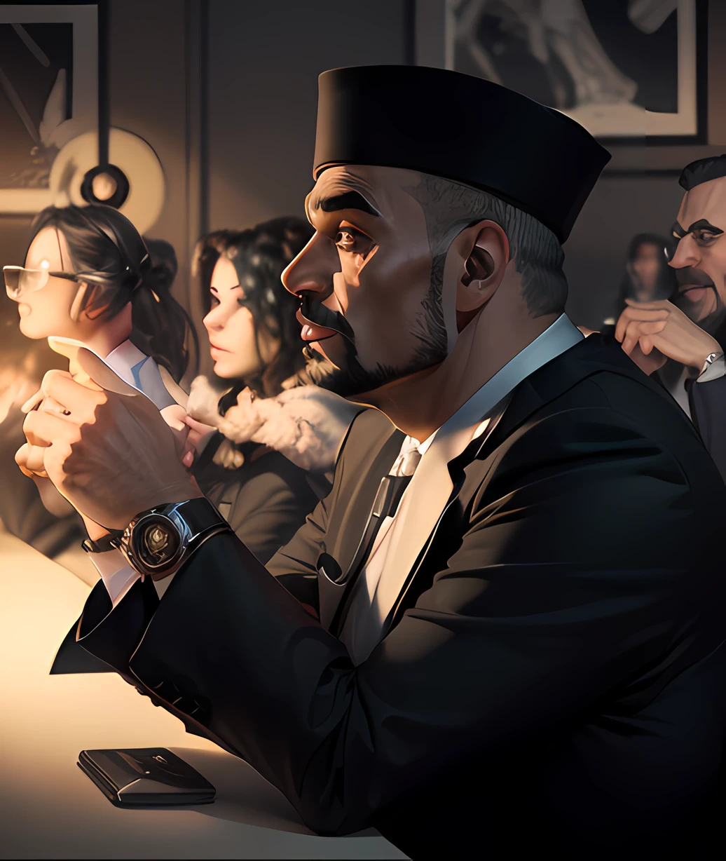 A man, cartoon, formal black suite, meeting room background, confident, focus