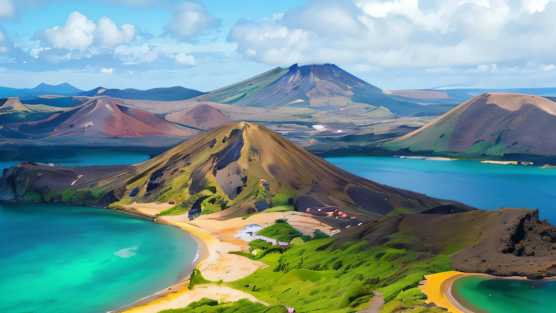 arafed view of a beach and a mountain with a body of water, volcano landscape, volcanic landscape, azores, island landscape, vulcano, extraordinary colorful landscape, mountains and ocean, high quality wallpaper, volcano background, hills and ocean, volcanic background, paradise in the background, amazing wallpaper, epic and stunning, high-quality wallpaper, interesting background