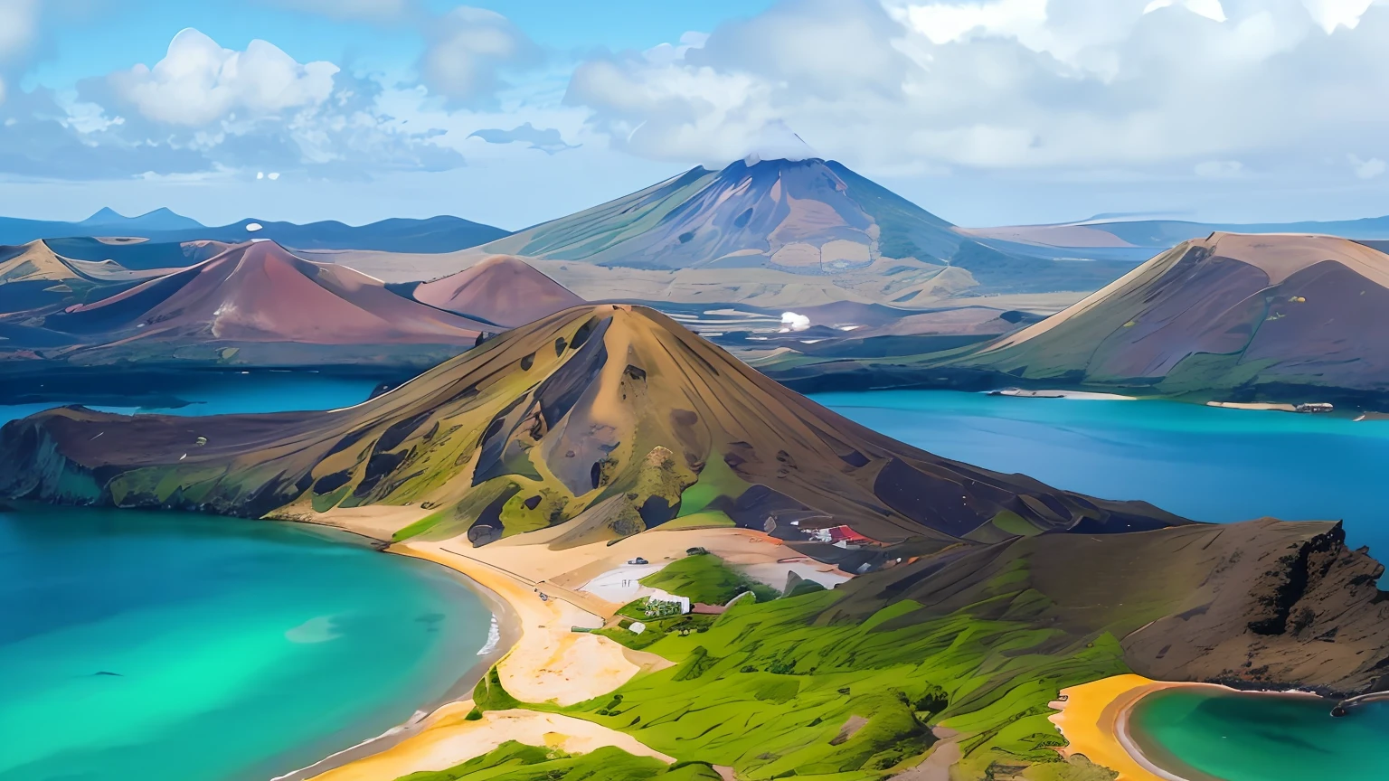 arafed view of a beach and a mountain with a body of water, volcano landscape, volcanic landscape, azores, island landscape, vulcano, extraordinary colorful landscape, mountains and ocean, high quality wallpaper, volcano background, hills and ocean, volcanic background, paradise in the background, amazing wallpaper, epic and stunning, high-quality wallpaper, interesting background
