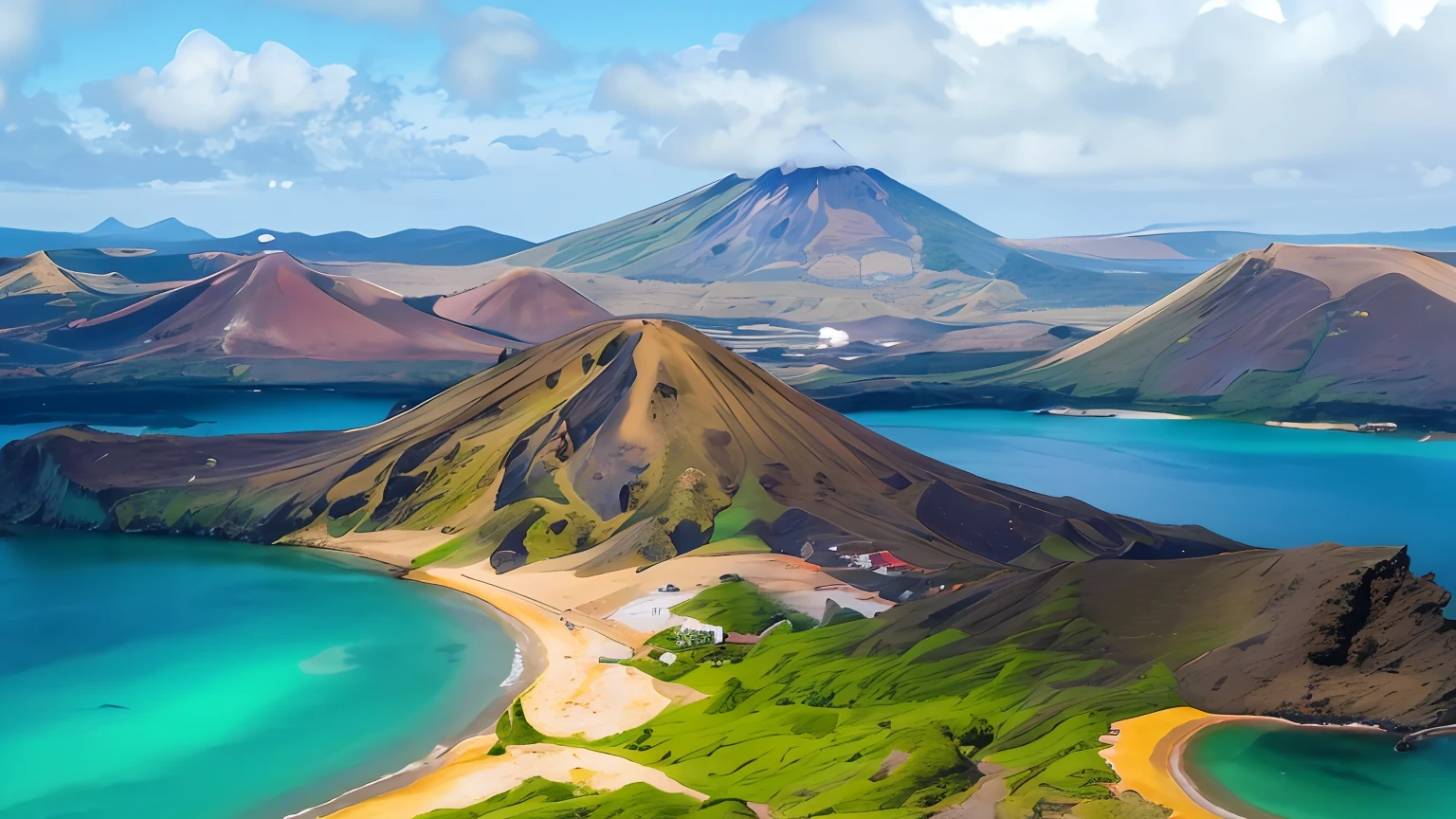 arafed view of a beach and a mountain with a body of water, volcano landscape, volcanic landscape, azores, island landscape, vulcano, extraordinary colorful landscape, mountains and ocean, high quality wallpaper, volcano background, hills and ocean, volcanic background, paradise in the background, amazing wallpaper, epic and stunning, high-quality wallpaper, interesting background