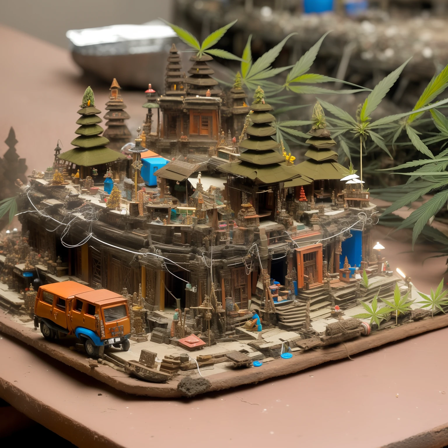 mini\(ttp\), (8k, RAW photo, best quality, masterpiece:1.4),(cannabispunk:1.5),Lots of connecting pipes,(balipunk:1.5),(balipunk light:1.2),on desk,in a miniature box,isometric, miniature, landscape on foundation