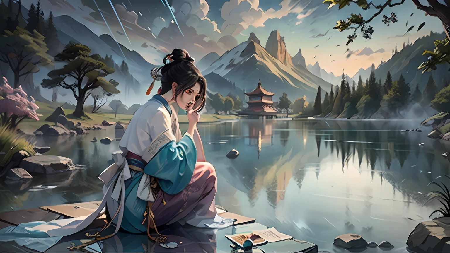 Chinese ancient style, in the pavilion by the lake, a woman wearing traditional Chinese traditional white Hanfu, the woman sits on a chair in the pavilion, the woman looks at the lake, there is a tall tower standing on the surface of the mountain in the background, there are a large number of lotus flowers in the lake, there is a bridge across the lake above the lake, the sky is drizzling, the rain is clearly visible, observe the woman from the side, the woman looks in a trance,