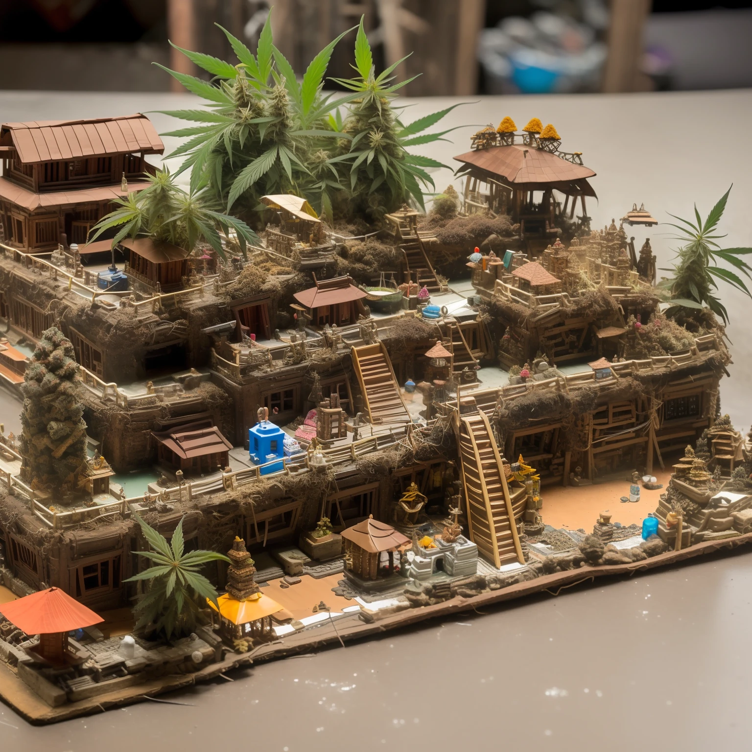 mini\(ttp\), (8k, RAW photo, best quality, masterpiece:1.4),(cannabispunk:1.5),Lots of connecting pipes,(balipunk:1.5),(balipunk light:1.2),on desk,in a miniature box,isometric, miniature, landscape on foundation