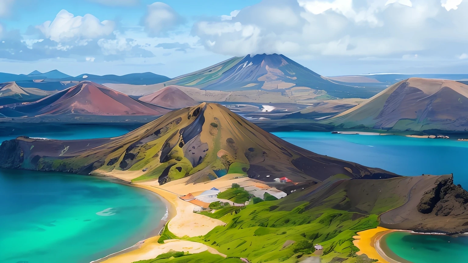 arafed view of a beach and a mountain with a body of water, volcano landscape, volcanic landscape, azores, island landscape, vulcano, extraordinary colorful landscape, mountains and ocean, high quality wallpaper, volcano background, hills and ocean, volcanic background, paradise in the background, amazing wallpaper, epic and stunning, high-quality wallpaper, interesting background