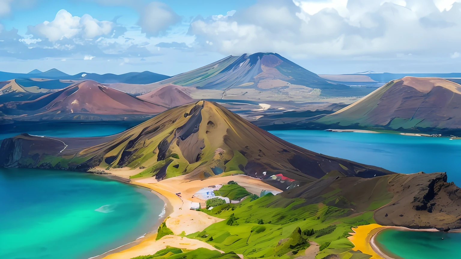 arafed view of a beach and a mountain with a body of water, volcano landscape, volcanic landscape, azores, island landscape, vulcano, extraordinary colorful landscape, mountains and ocean, high quality wallpaper, volcano background, hills and ocean, volcanic background, paradise in the background, amazing wallpaper, epic and stunning, high-quality wallpaper, interesting background