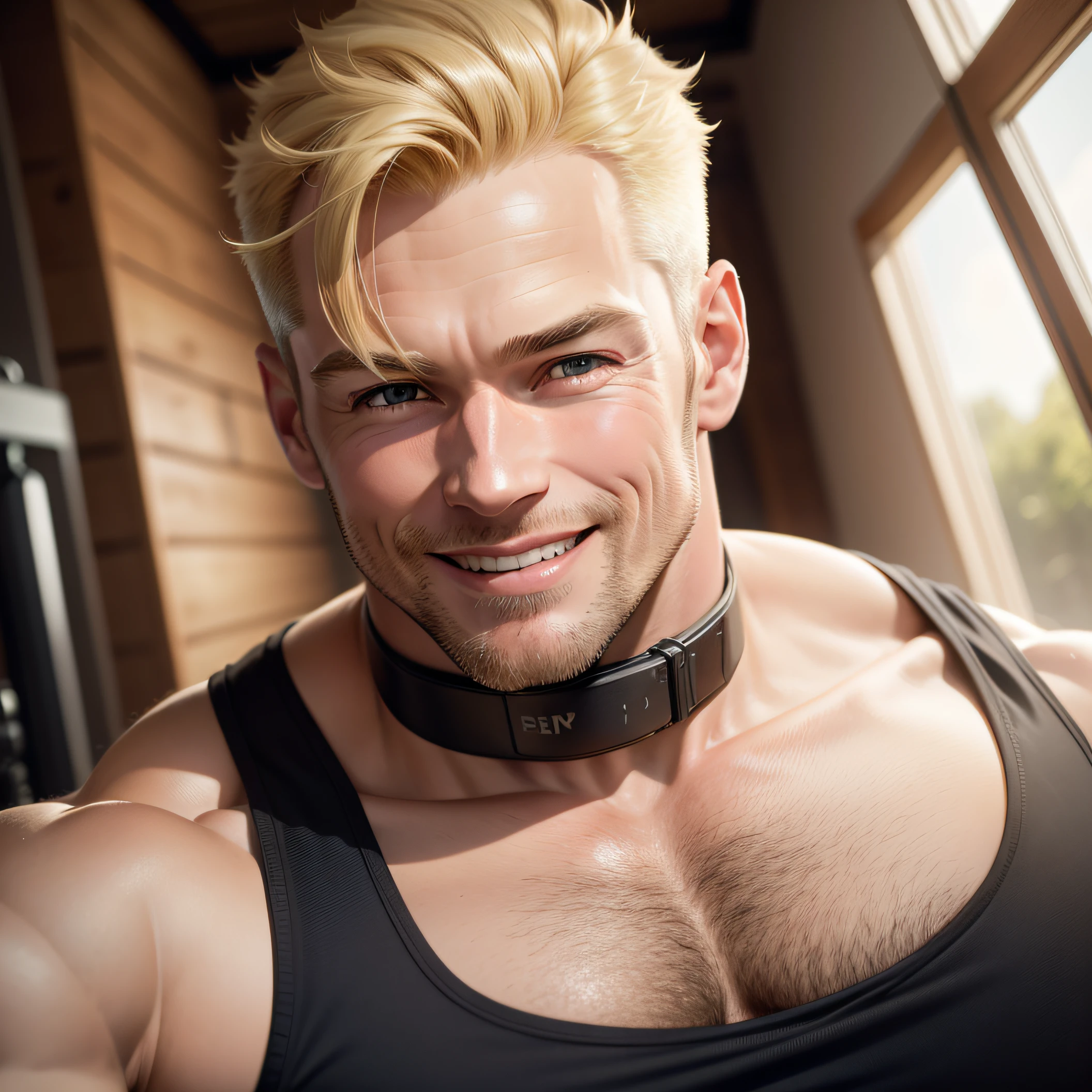 blond man, head shot, sport instractor, looking at the camera, happy smile, big smile, 50 year old man , single man , in gym, attractive man, attractive male, holding dam bell , blond model, long brow hair, high res, , handsome male, brown-eyed man, realistic, natural light