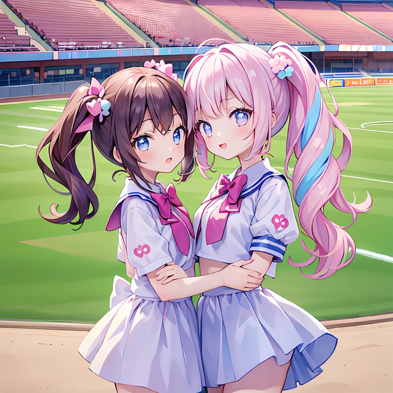 masterpiece, (2girls and 2girls and 2girls and 2girls at the stadium), idol, big eyes, kawaiitech, kawaii, cute, pastel colors, best quality, happy, deep background, symmetrical, summer