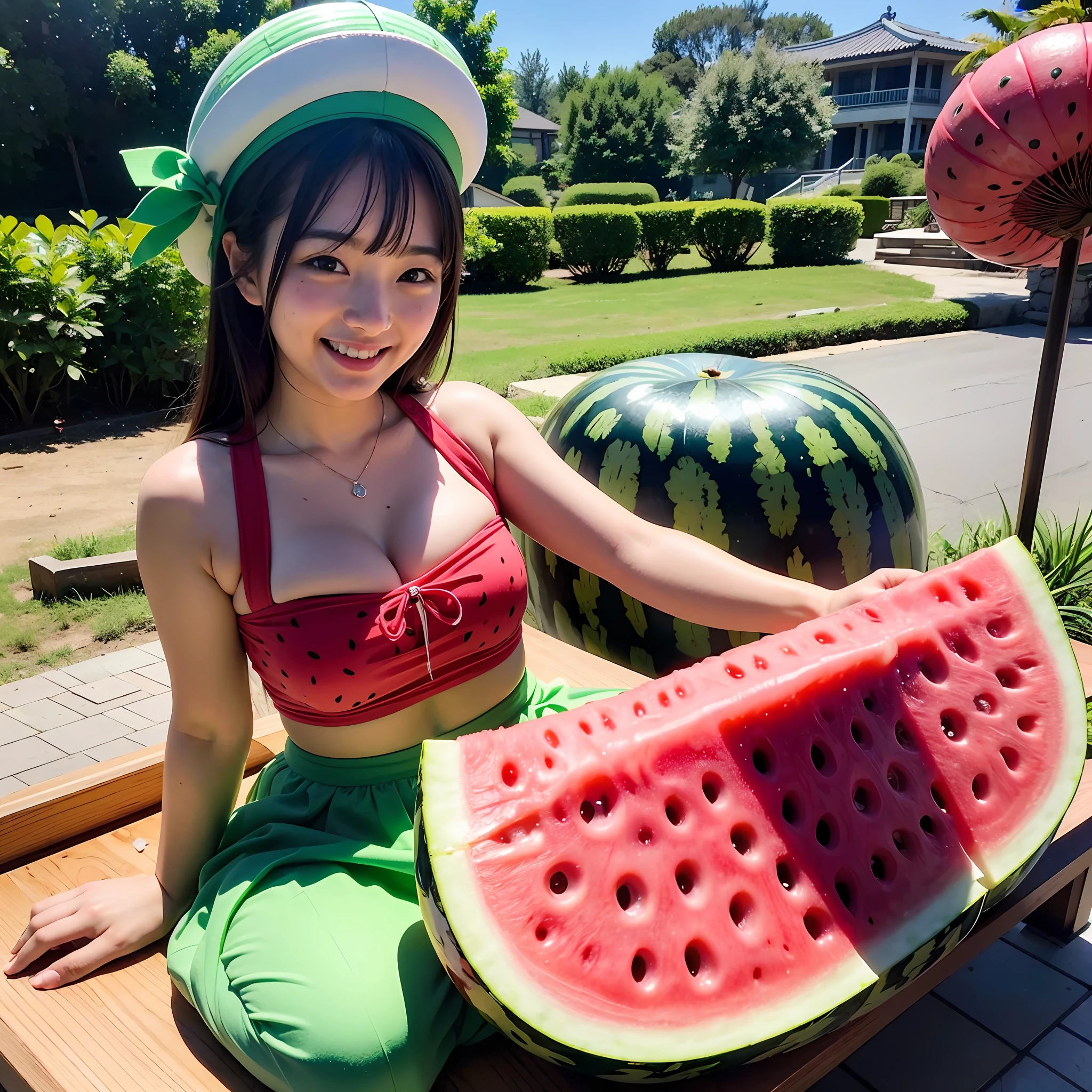 ​masterpiece、top-quality、realisitic、Photorealsitic、Watermelon-themed paradise、age Japan woman in cute costume with watermelon motif、Watermelon Accessories、Eating watermelon、Surrounded by huge slices of lots of watermelon、Watermelon farm、Bright décor、A smile、Joy、dynamic ungle、动态照明