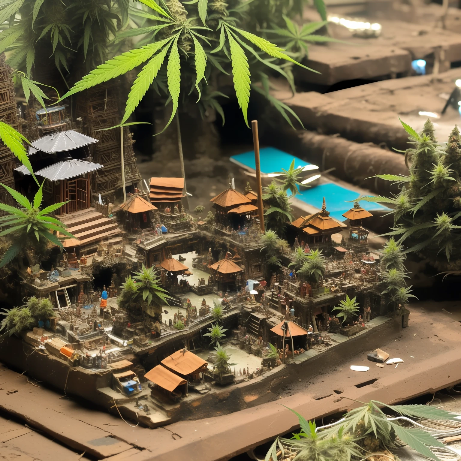 mini\(ttp\), (8k, RAW photo, best quality, masterpiece:1.4),(cannabispunk:1.5),Lots of connecting pipes,(balipunk:1.5),(balipunk light:1.2),on desk,in a miniature box,isometric, miniature, landscape on foundation