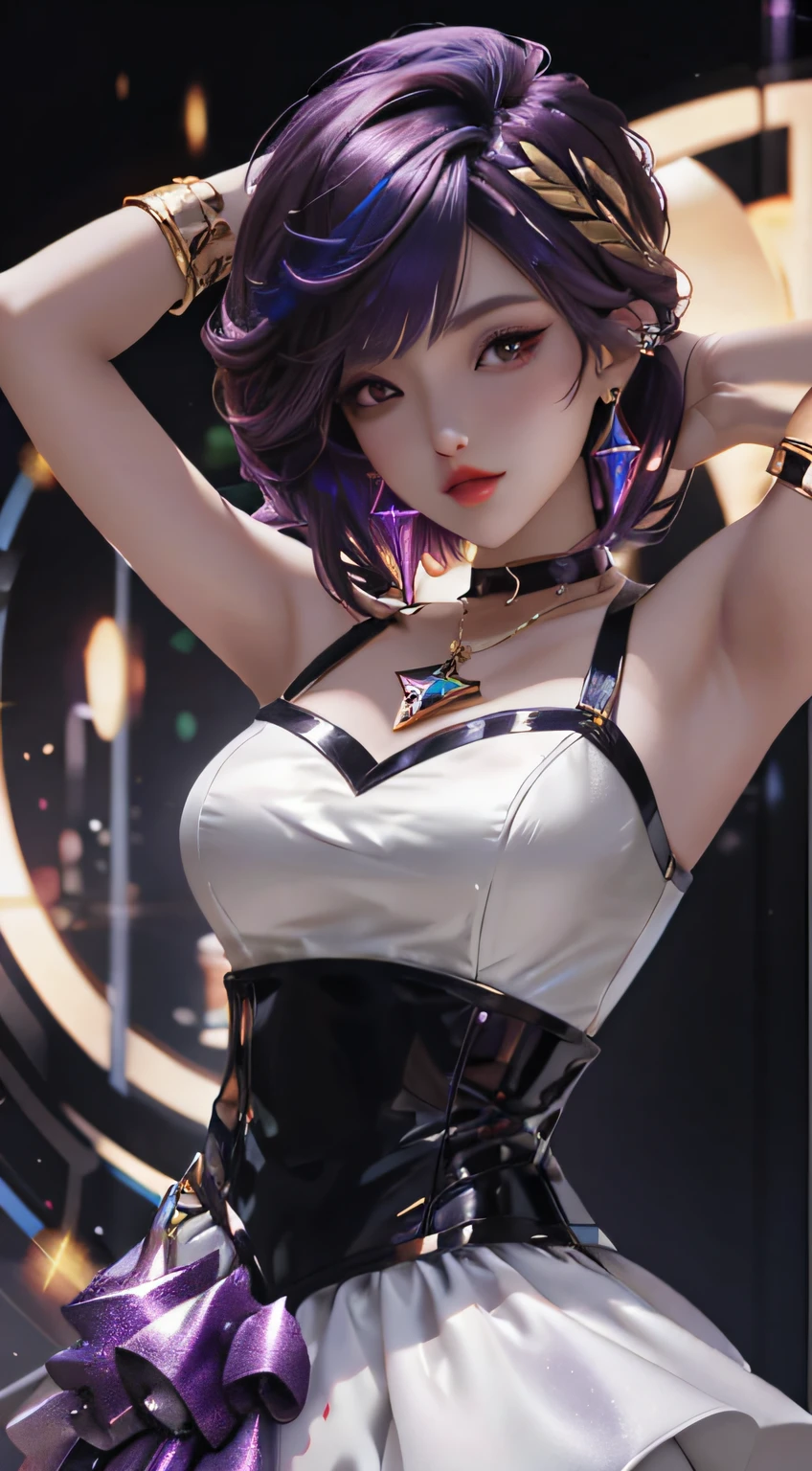 best quality, 1girl, solo, breasts, looking at viewer, kda, upper body, multicolored hair bobbles, short hair, white dress, brown eyes, GlassSteelAI ,detailed,
