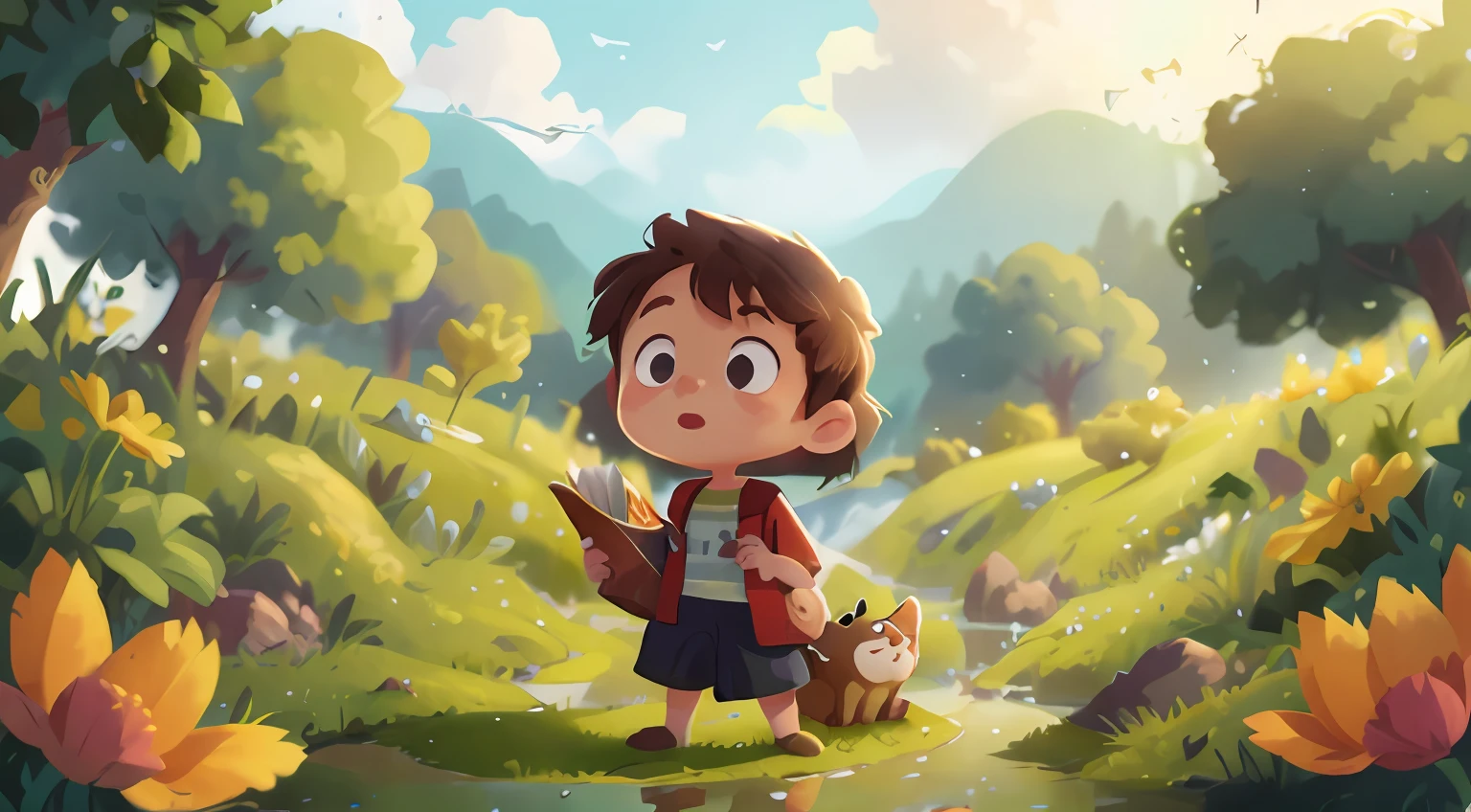 Boy standing, looking at the sky, looking at the sky, looking at the blue sky, he is on the edge of a creek