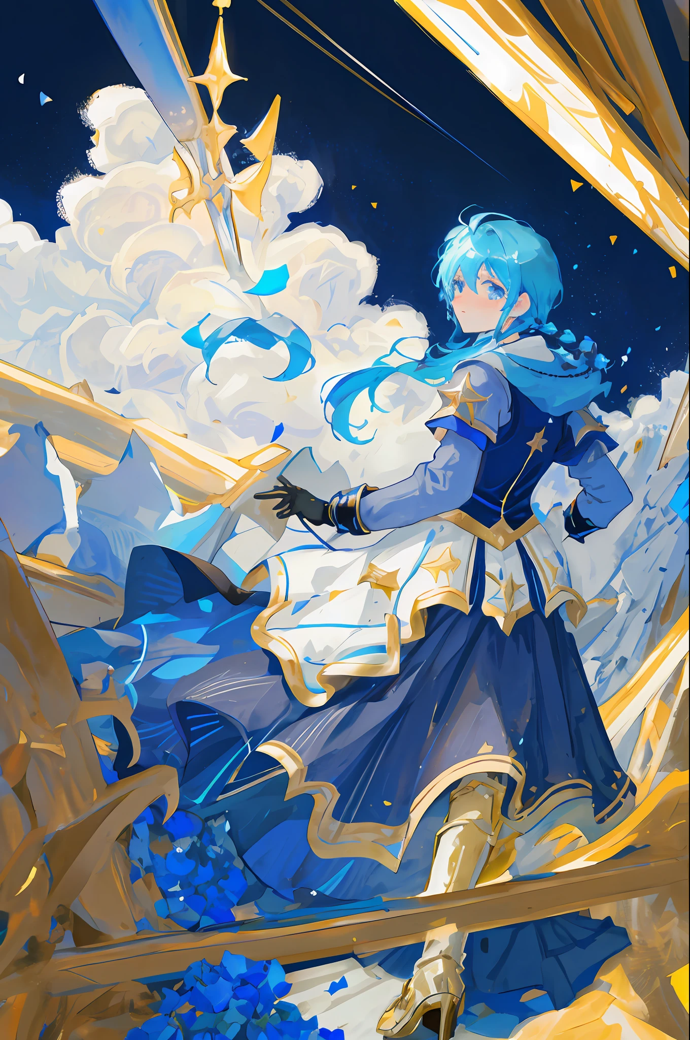 1boys, Distant boy in blue armor,Gaze at the stars, (zoomout:1.1), (meteor shower:1.2), (comets:1.1), low angles, from back, aurora borealis, meteors, Surrounded by petals, standing in a field, The best quality, tmasterpiece, Clouds, Colorful, As estrelas, As estrelas
