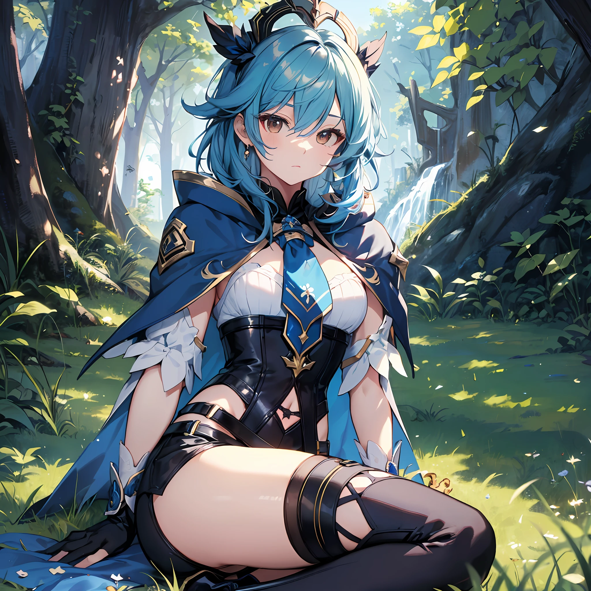 top-quality　Top image quality　eula_(Genshin_impactful), Shiny ice blue hair　Medium hair, Hairy hair　Black Hair Band, Brown eyes, Blue Cape, Black_gloves, blue tie, white_The shirt　Sexy shirt with open back　, Black_Shorts, Black_thighs thighs thighs thighs, puffies_sleeves, long_sleeves　Black long boots　Light blue little cloak　　daytime　Beautiful lawn　earth　The whole body shifts　randome pose