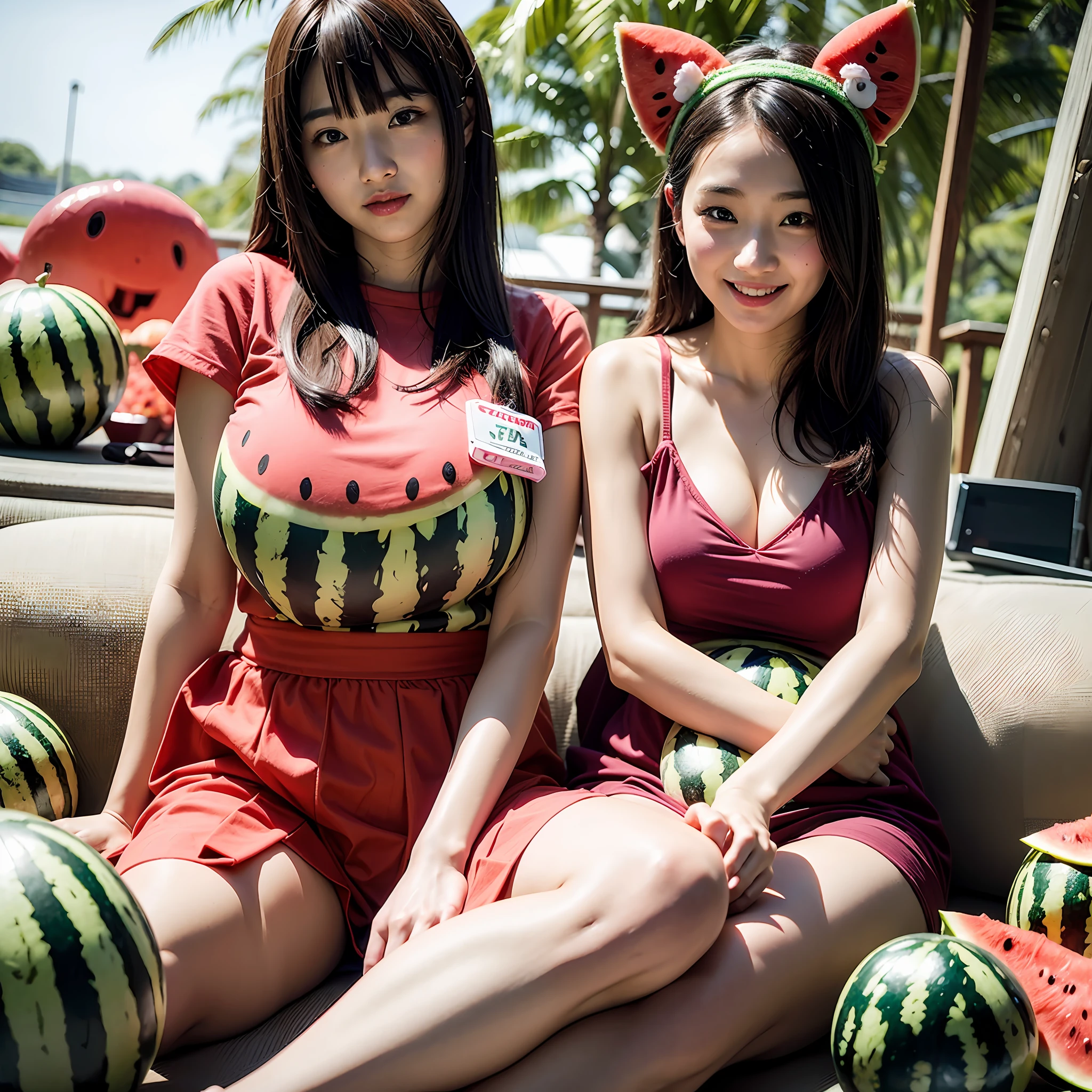 masterpiece、top-quality、realisitic、Photorealsitic、Watermelon-themed paradise、age Japan woman in cute costume with watermelon motif、Watermelon Accessories、Eating watermelon、Surrounded by huge slices of lots of watermelon、Watermelon farm、Bright décor、A smile、Joy、dynamic ungle、动态照明