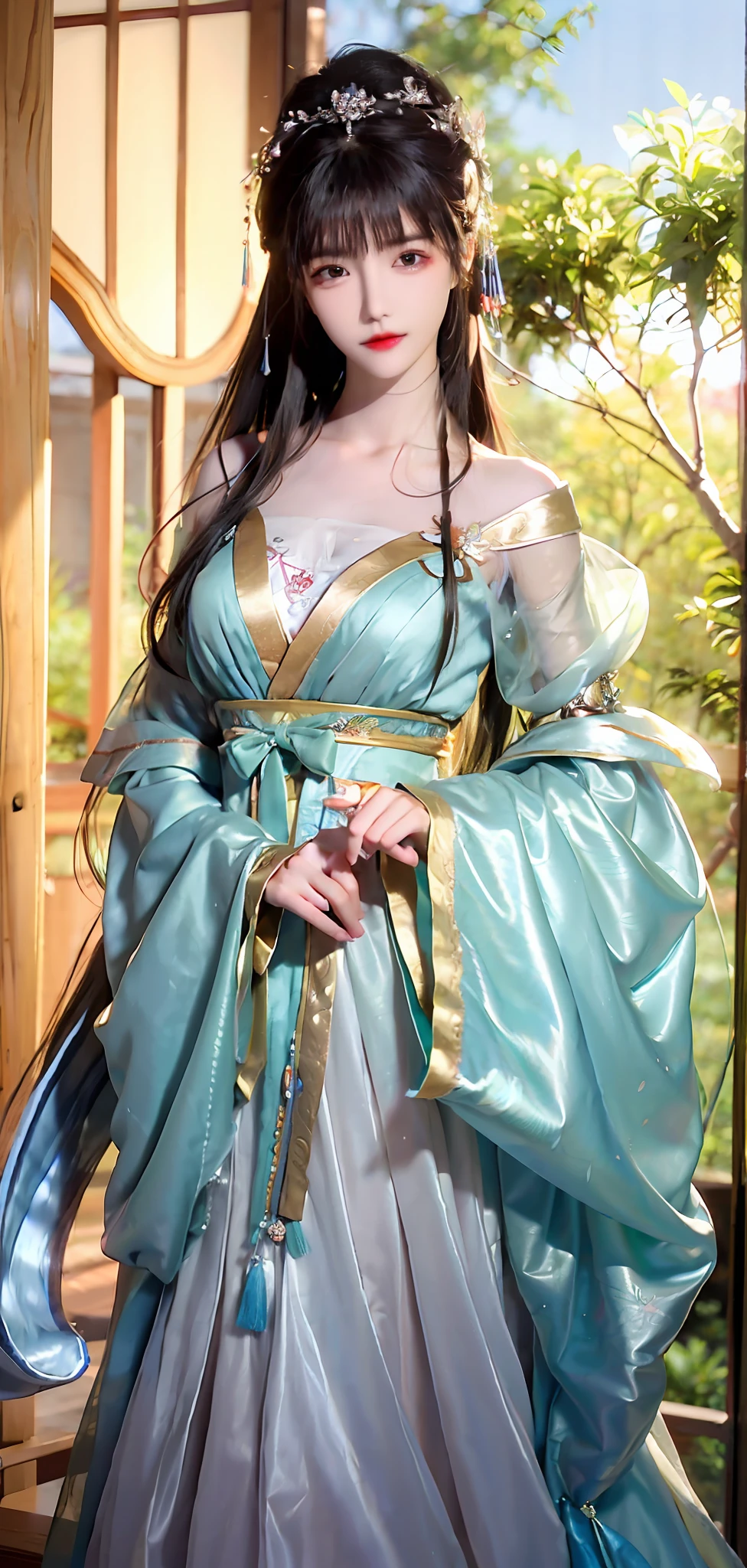 [:(high-detail face：1.2):0.1], (8k, RAW photo, best quality, mastery:1.2), (realistic, photo-realistic:1.37), (((back))),((upper body) ), best qualtiy, HDR, cinmatic lighting, natural  lightting, best qualtiy, tmasterpiece, A high resolution, 1girl, complaisant, hair adornments, choker necklace, jewely, beautiful  face, Physically, dingdall effect, 真实感,, edge lit, twotonelighting，8k uhd，Slr，softlighting，high high quality，Volumetriclighting，photore，A high resolution，4k，8k，bokeh，（（Hanfu）），Best quality at best，tmasterpiece，Very detailed details，A high resolution，8k，Complicated details，realisticlying，Photorealsitic，dramatic  lighting，1girll，dunhuang_clothes，dunhuang_dress，little breast，Partially hidden by clothing，（ssee-through：1.3），Through a thin veil，A glimpse of the breasts can be seen，Create an alluring and suggestive effect，A glimpse of her skin and the contours of her chest was revealed，cowboy lens，whirling