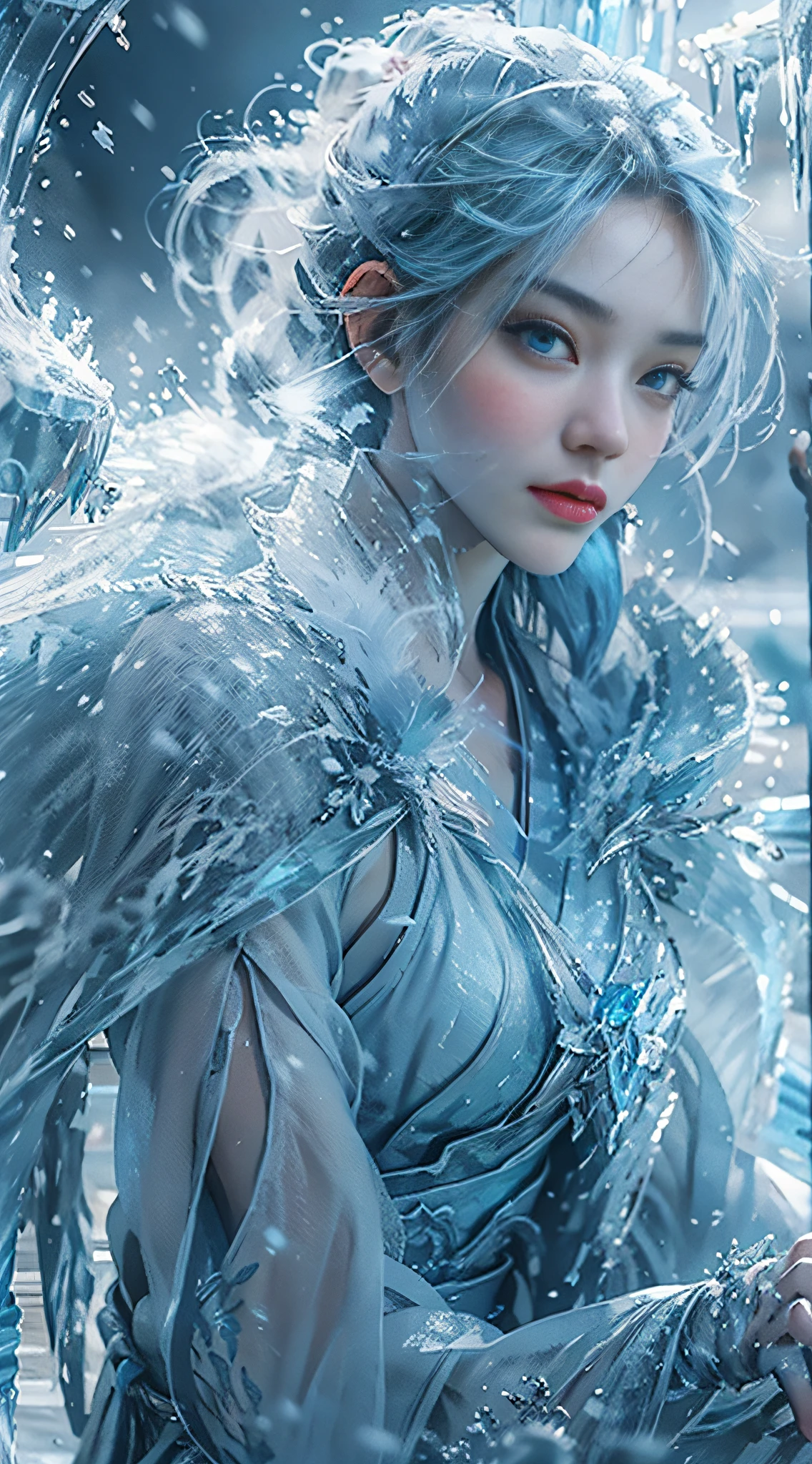 (((1girll)))，Imperial water，A magician，（Loose dress：1.5），（Perfect facial features：1.4），（Blue silk robe），（Mysterious magic formations：1.2），Blue glow，（Frost wings），(((Powerful ice magic)))，(((Icicles)))，Towering over the landscape，Blue light cold light，(((Ice storms)))，Wind，((Flying snow ice and snow))，Amazing results，,best qualityer,tmasterpiece,超高分辨率,finely detailled,Complicated details,8K分辨率,8KUCG wallpaper,hdr,water blue,Magic Array,Cinematic lighting effects,lightand shade contrast，Ray traching、NVIDIA RTX