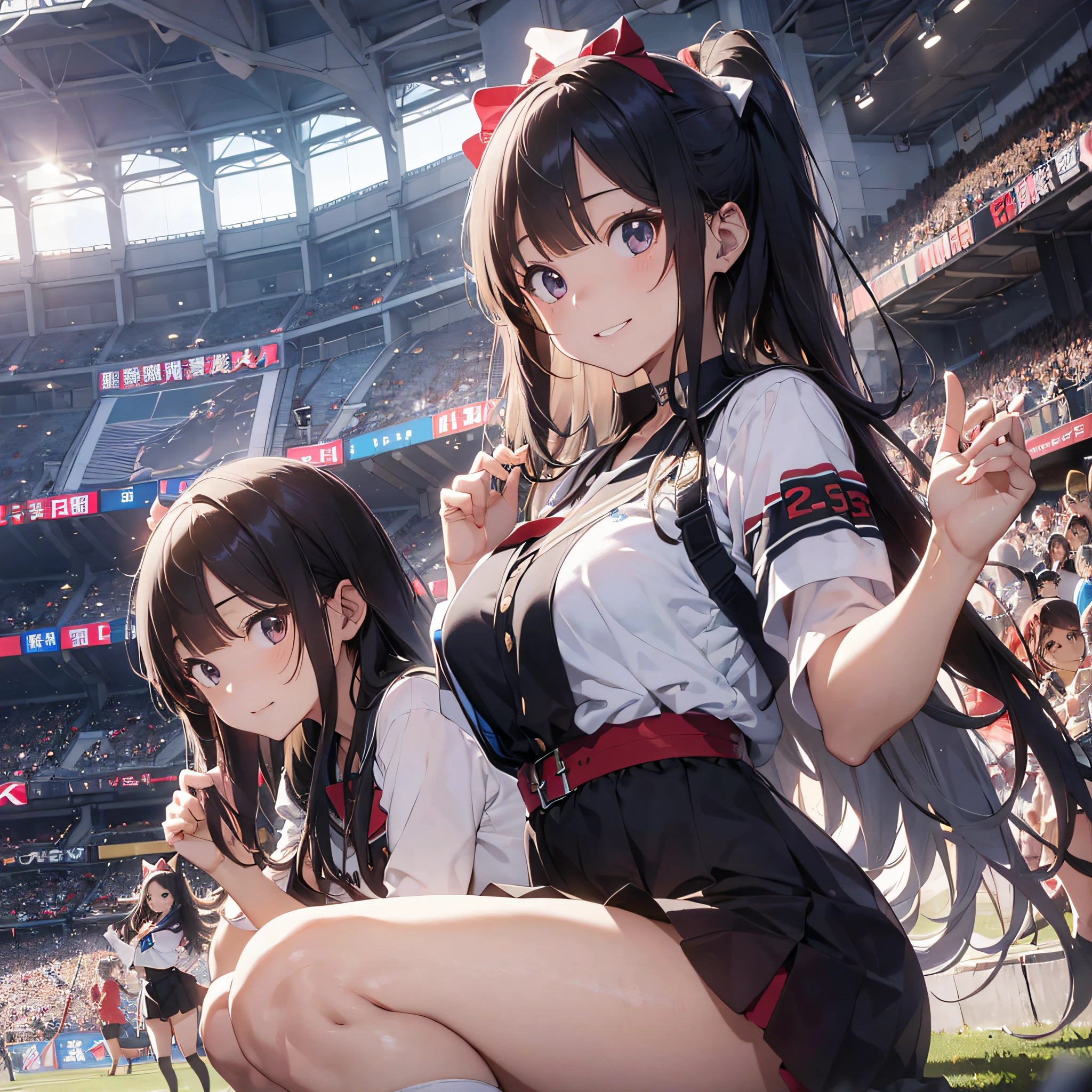 Two Alafed Asian cheerleaders posing dynamically with big pom-poms in each hand in the stadium stands、a closeup、cosplay foto、Anime Cosplay、tiny chest、Raw photography, top-quality, hight resolution, (​masterpiece), (Photorealsitic:1.4), professional photograpy, foco nítido, nffsw, 8K分辨率, intricate detailes, depth of fields, the Extremely Detailed CG Unity 8K Wallpapers, front lit, girl with, beautiful supermodel, A smile、A slender、Korean style uniform、Peeking from below、(skinny thigh)、I see underwear、Wear a visor cap on your head、Squatting