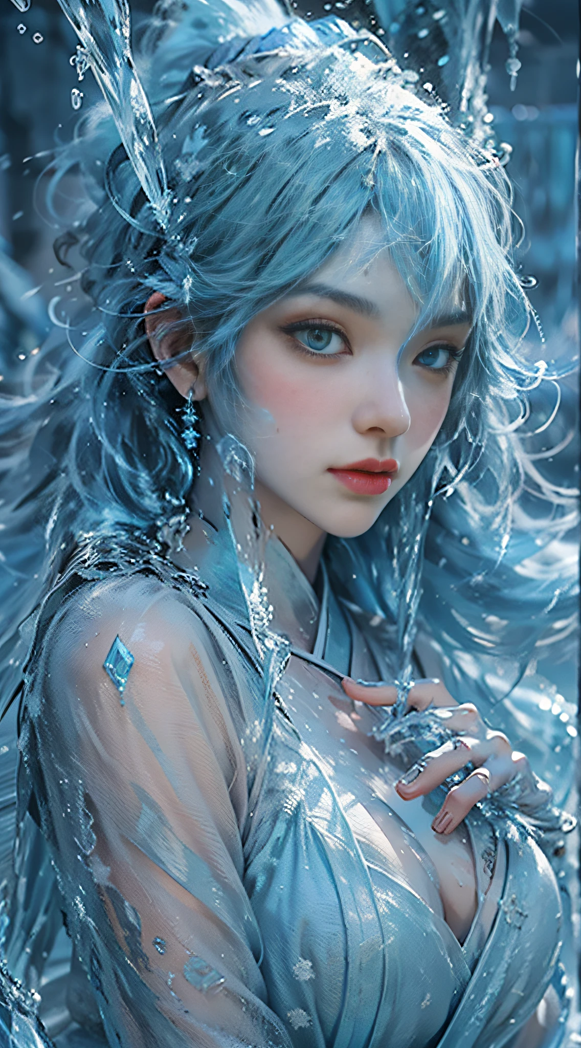 (((1girll)))，Imperial water，A magician，（Loose dress：1.5），（Perfect facial features：1.4），（Blue silk robe），（Mysterious magic formations：1.2），Blue glow，（Frost wings），(((Powerful ice magic)))，(((Icicles)))，Towering over the landscape，Blue light cold light，(((Ice storms)))，Wind，((Flying snow ice and snow))，Amazing results，,best qualityer,tmasterpiece,超高分辨率,finely detailled,Complicated details,8K分辨率,8KUCG wallpaper,hdr,water blue,Magic Array,Cinematic lighting effects,lightand shade contrast，Ray traching、NVIDIA RTX