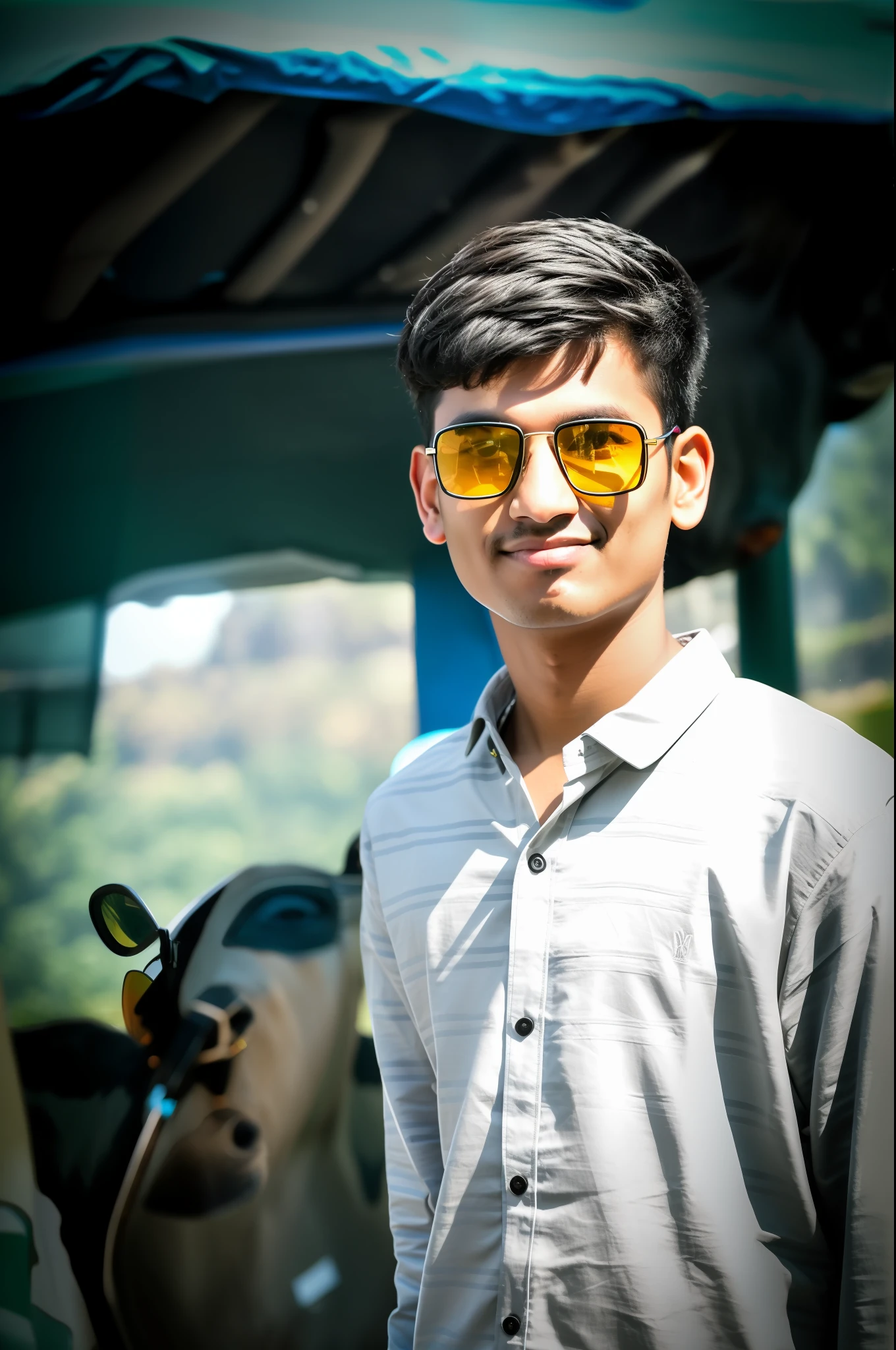 there is a man wearing sunglasses standing in front of a cow, shot on nikon z9, photo taken with sony a7r camera, photo taken with nikon d 7 5 0, photo taken with nikon d750, photo taken with sony a7r, shot on sony a 7, jayison devadas, jayison devadas style, with sunglass make ultra 8k, change background cyberpunk , make realistic
