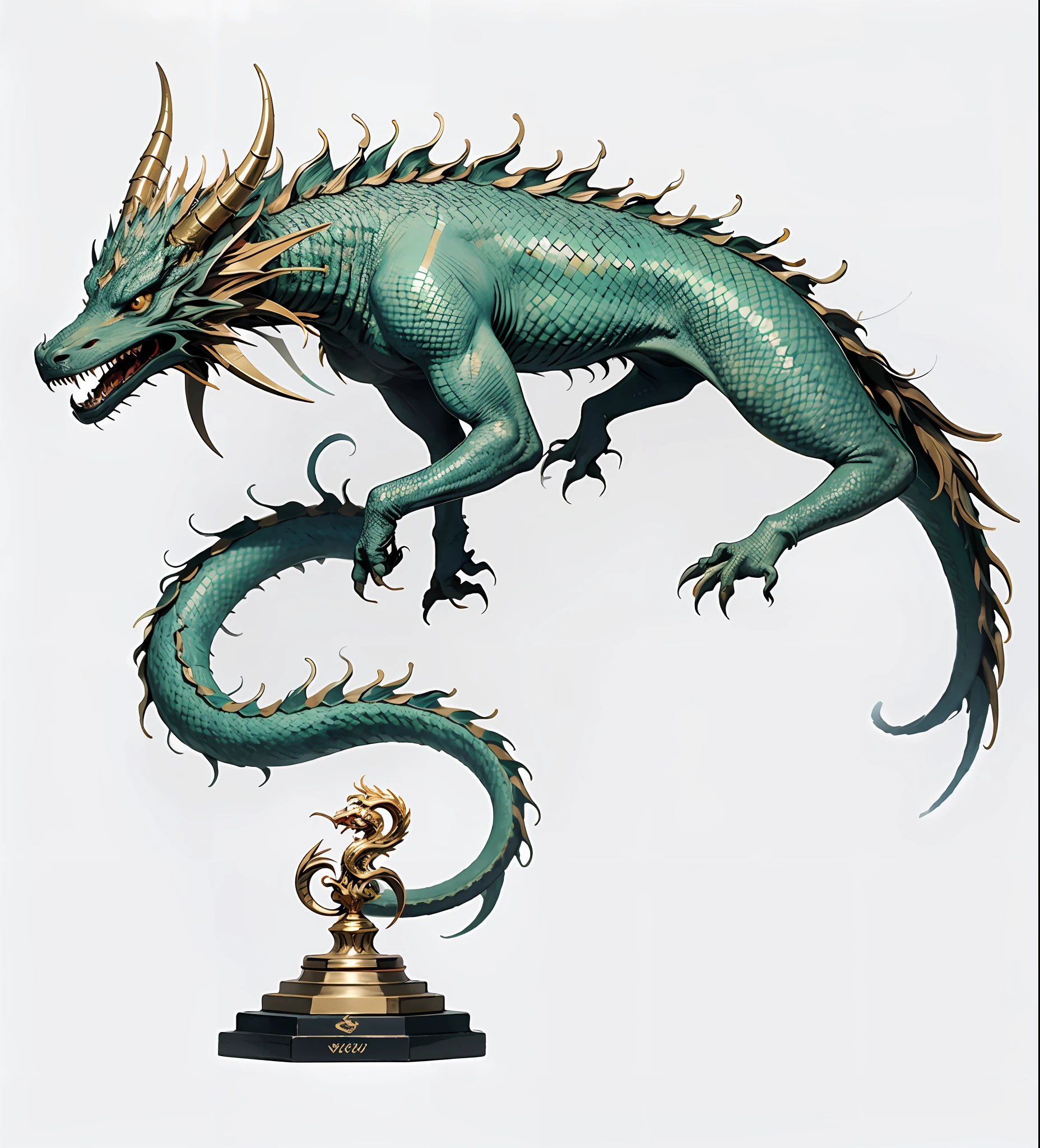 8k,Foto RAW, melhor qualidade, master part: 1.2, detalhes intrincados, ultra high-resolution), (Realistic), Hyper-detailed rendering, 8 k cg render, artistic work,, obra de arte, A magnificent serpentine dragon on a worked golden pedestal, museum piece, realista, corpo todo coberto com escamas esverdeadas, muitas escamas cor de esmeralda (hipnotizantes), Beautful, o corpo inteiro com escamas esverdeadas e bem uniforme, com belas asas banhadas a ouro, reluzentes, asas de ouro, ,gold-plated dragon wings, reluzentes, asas de ouro, dragon wings, estilo asas de morcego, magnificent wings, precious stones on the dragon's head (Diamantes, Rubis, Aguas marinhas, Esmeraldas), olhar penetrante, chifres dourados ((melhor qualidade)), ((obra-prima)), fundo todo preto, cor preta de fundo para Chroma key, no images behind, only the dragon, chroma key, fundo preto.
