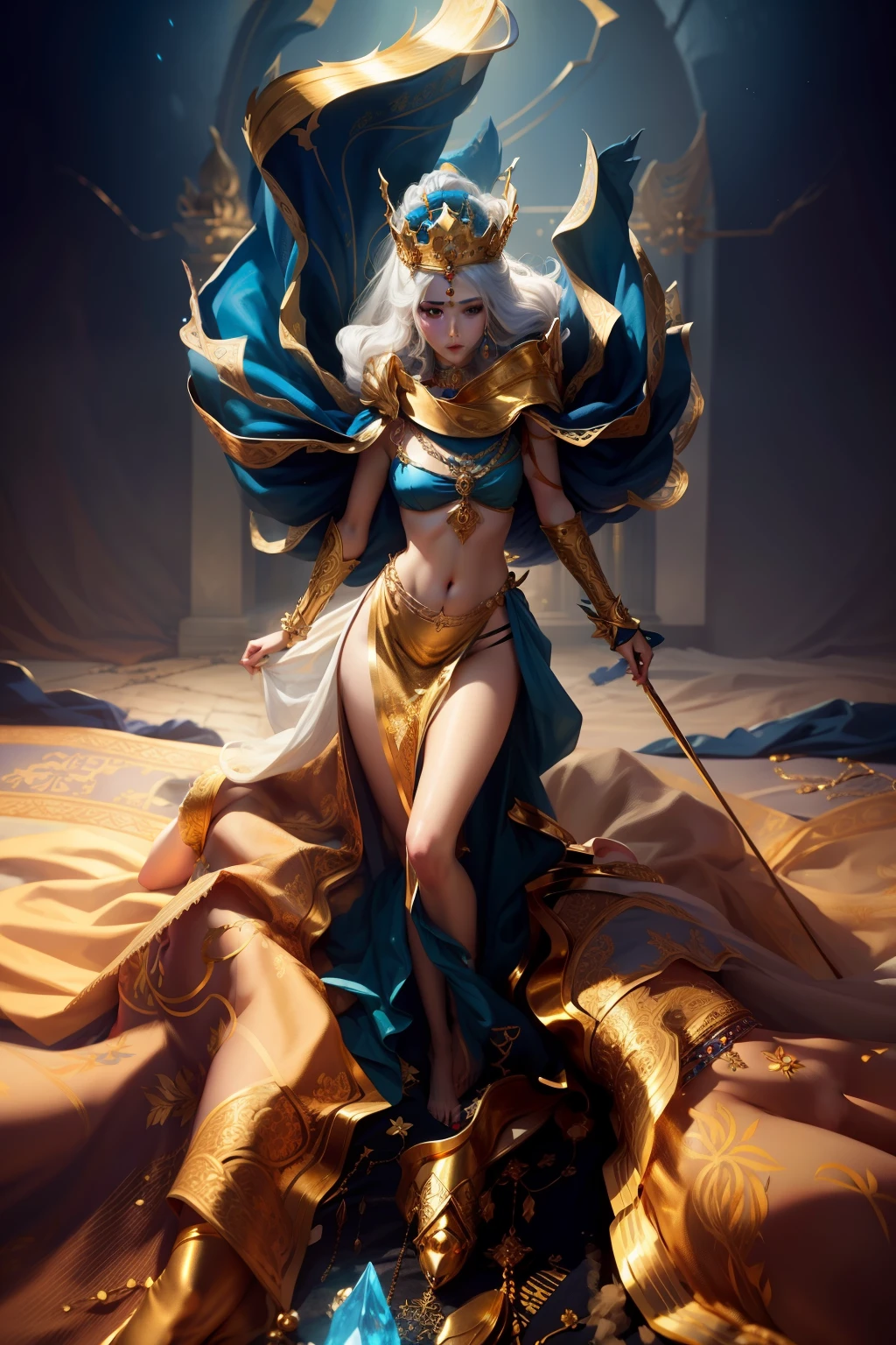 Beautiful Queen，White skin of the，rosy lips，perfect body figure，Hair bundle with golden crown，choker necklace，Gold ornaments，gold，Yingluo，turquesa，sapphires，8K，tmasterpiece，