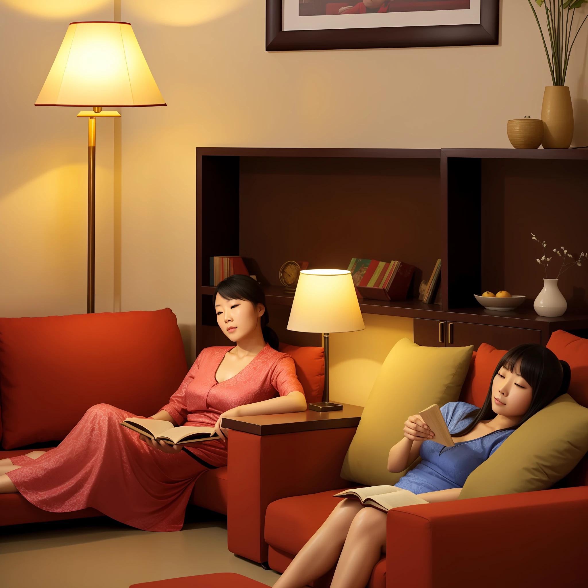 A Chinese woman,Lying on the sofa and reading a book,dimly lit,There is a lamp next to the sofa,Fruit on the sofa