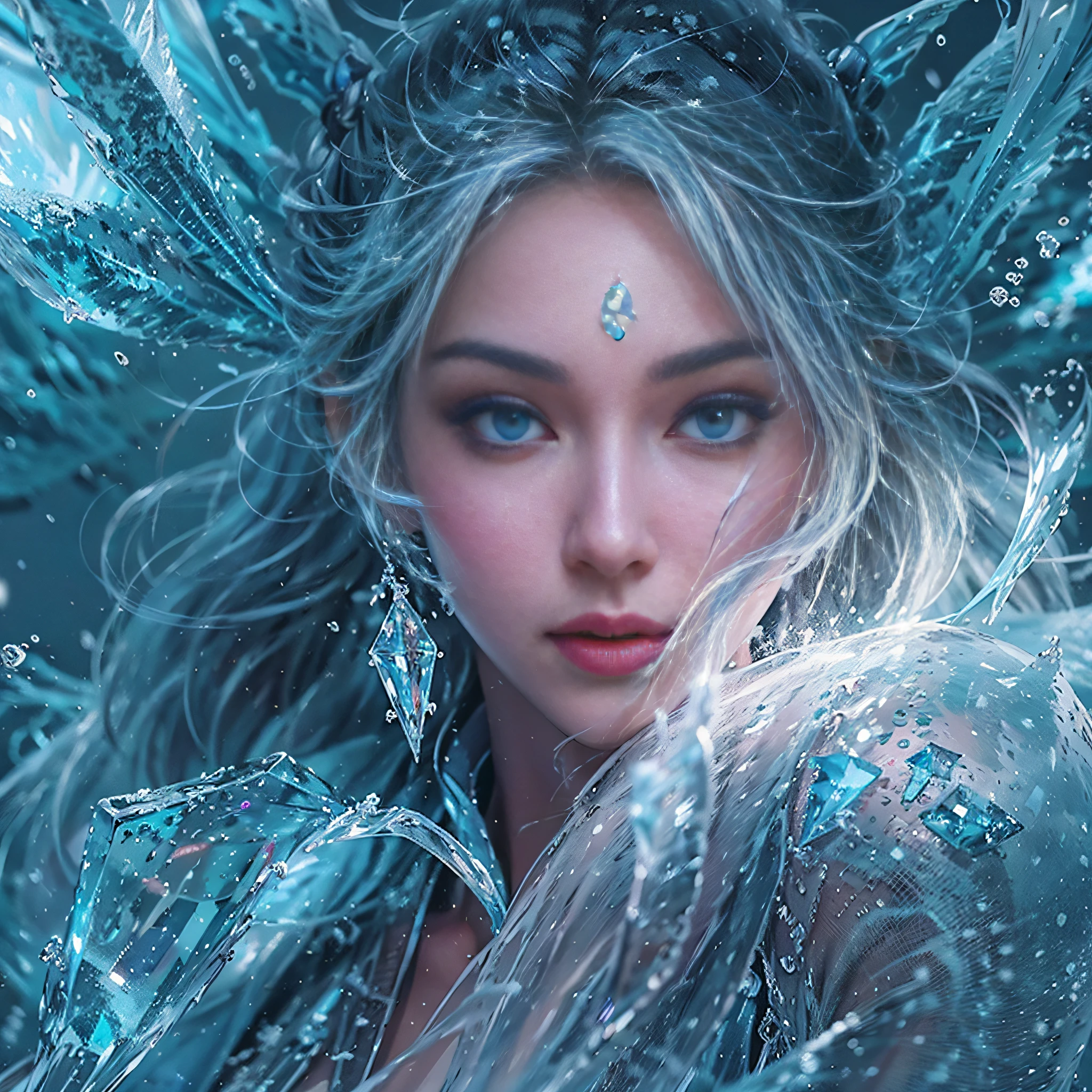 (((1girll)))，Imperial water，A magician，（Loose dress：1.5），（Perfect facial features：1.4），（Blue silk robe），（Mysterious magic formations：1.2），Blue glow，（Frost wings），(((Powerful ice magic)))，(((Icicles)))，Towering over the landscape，Blue light cold light，(((Ice storms)))，Wind，((Flying snow ice and snow))，Amazing results，,best qualityer,tmasterpiece,超高分辨率,finely detailled,Complicated details,8K分辨率,8KUCG wallpaper,hdr,water blue,Magic Array,Cinematic lighting effects,lightand shade contrast，Ray traching、NVIDIA RTX