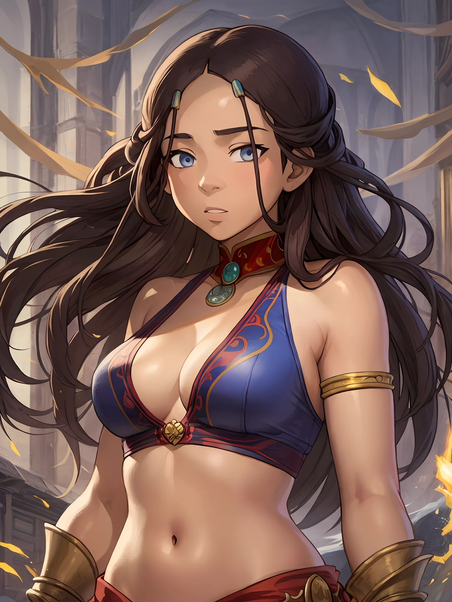 masterpiece, best quality, highres, highest quality, absurdres, kataras3, dark skin, traditional media, (painting \(medium\)), bracelet, long hair, brown hair, crop top, midriff, navel, sharp expressive eyes, perfect face, wide hips, thick lineart, atmospheric lighting, smooth, beautifully detailed riverbank background, cinematic composition, Joe Madureira