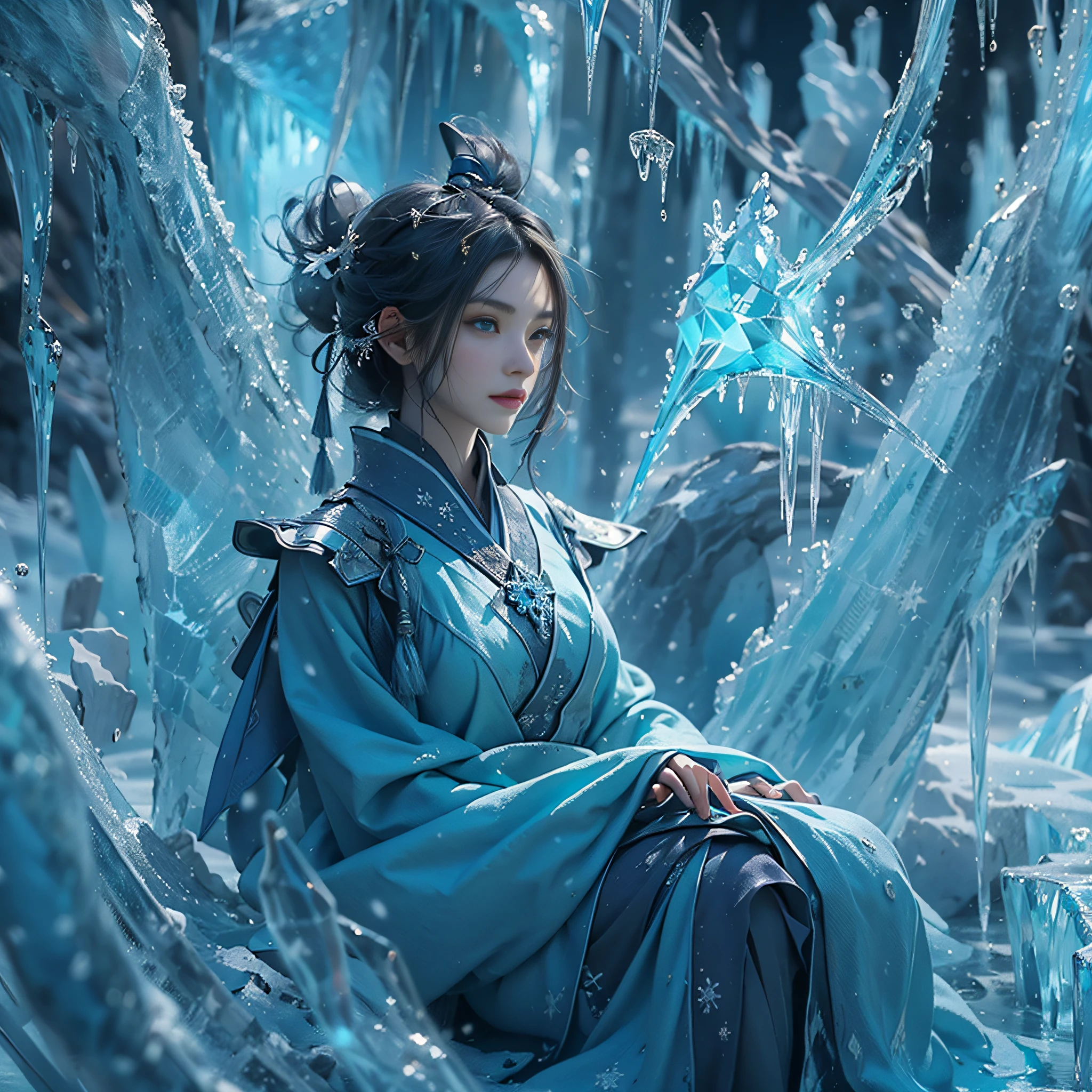 (((1girll))),Imperial water,A magician,(Loose dress:1.5),(Perfect facial features:1.4),(Blue silk robe),(Mysterious magic formations:1.2),Blue glow,(Frost wings),(((Powerful ice magic))),(((Icicles))),Towering over the landscape,Blue light cold light,(((Ice storms))),Wind,((Flying snow ice and snow)),Amazing results,,best qualityer,tmasterpiece,超高分辨率,finely detailled,Complicated details,8K分辨率,8KUCG wallpaper,hdr,water blue,Magic Array,Cinematic lighting effects,lightand shade contrast,Ray traching、NVIDIA RTX