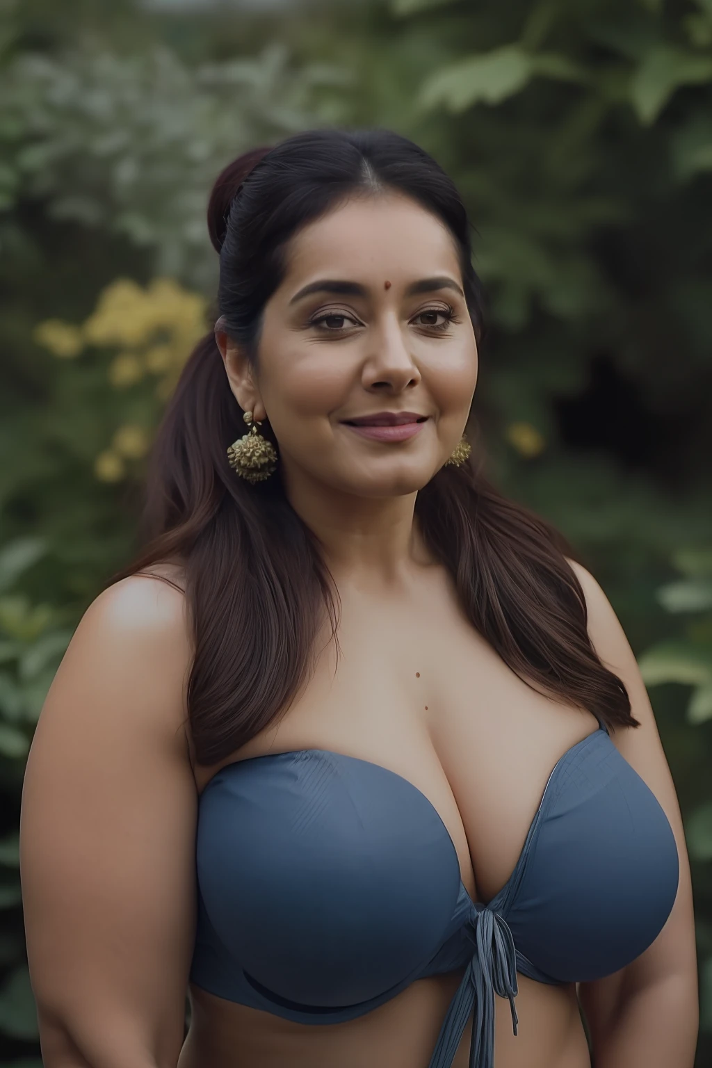 Nsfw, day scene, close up photo of naked (jaya prada:0.1), big cheeks, nipples, bra and jeans, perfect breasts, sweat, squatting near shrub in a garden, hourglass figure, armpits, (blue eyes:1), ponytail, 30 yo, look at viewer and smile, (cinematic:1.3), intricate details, (ArtStation:1.2)