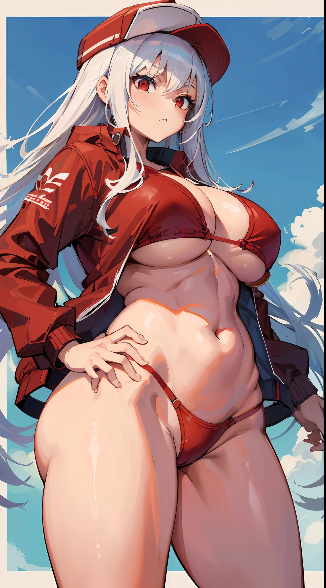 1girl, solo, white hair, red eyes, blue Adidas jacket, red bikini, white baseball hat, huge breasts, toned, wide hips, narrow waist, pose